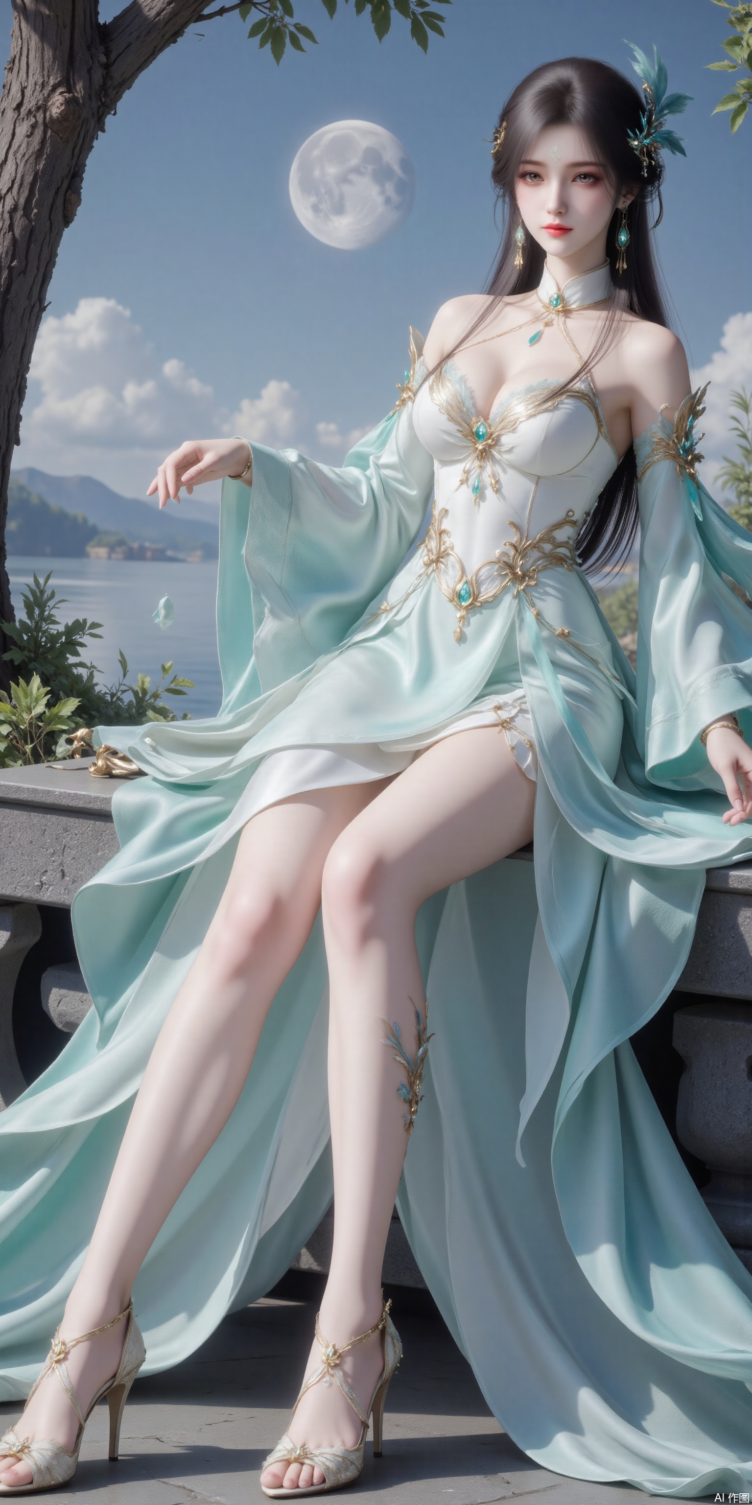Ultra clear, wallpaper, 8k, Golden eyes,masterpiece, sitting,best quality,high quality,,chromatic_aberration,Hair accessories,tree,blue sky ,river,Super long legs,stone,white silk,green shirt ,fullmoon ,High heeled sandals,earring,blue hair,Light Blue Theme,long legs ,thin legs (masterpiece,wallpaper,best quality:2),1girl,full body,hanfu,full_shot,wallpaper,full body,beautiful legs,seductive_smile,socks_removed, looking_at_viewer,dumpling_Hug_Pillow,cleavage,huge Breasts,embossed high heels,plns_high heels,huaxiangr,silk,magnificent