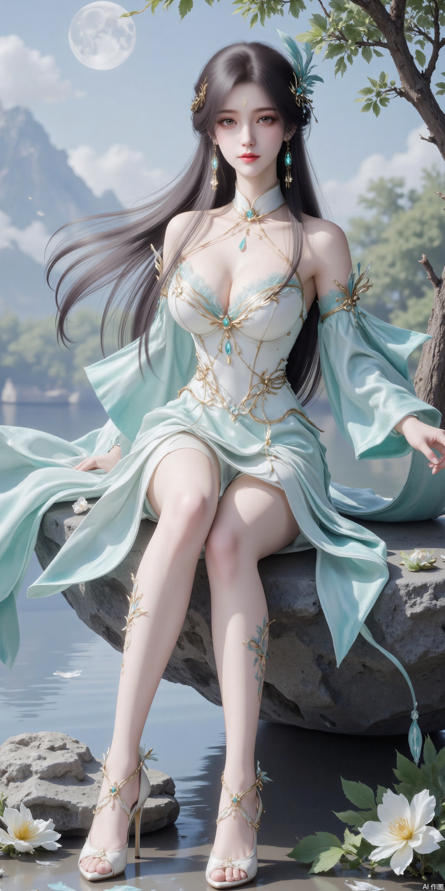 Ultra clear, wallpaper, 8k, Golden eyes,masterpiece, sitting,best quality,high quality,,chromatic_aberration,Hair accessories,tree,blue sky ,river,Super long legs,stone,white silk,green shirt ,fullmoon ,High heeled sandals,earring,blue hair,Light Blue Theme,long legs ,thin legs (masterpiece,wallpaper,best quality:2),1girl,full body,hanfu,full_shot,wallpaper,full body,beautiful legs,seductive_smile,socks_removed, looking_at_viewer,dumpling_Hug_Pillow,cleavage,huge Breasts,embossed high heels,plns_high heels,huaxiangr,silk,magnificent