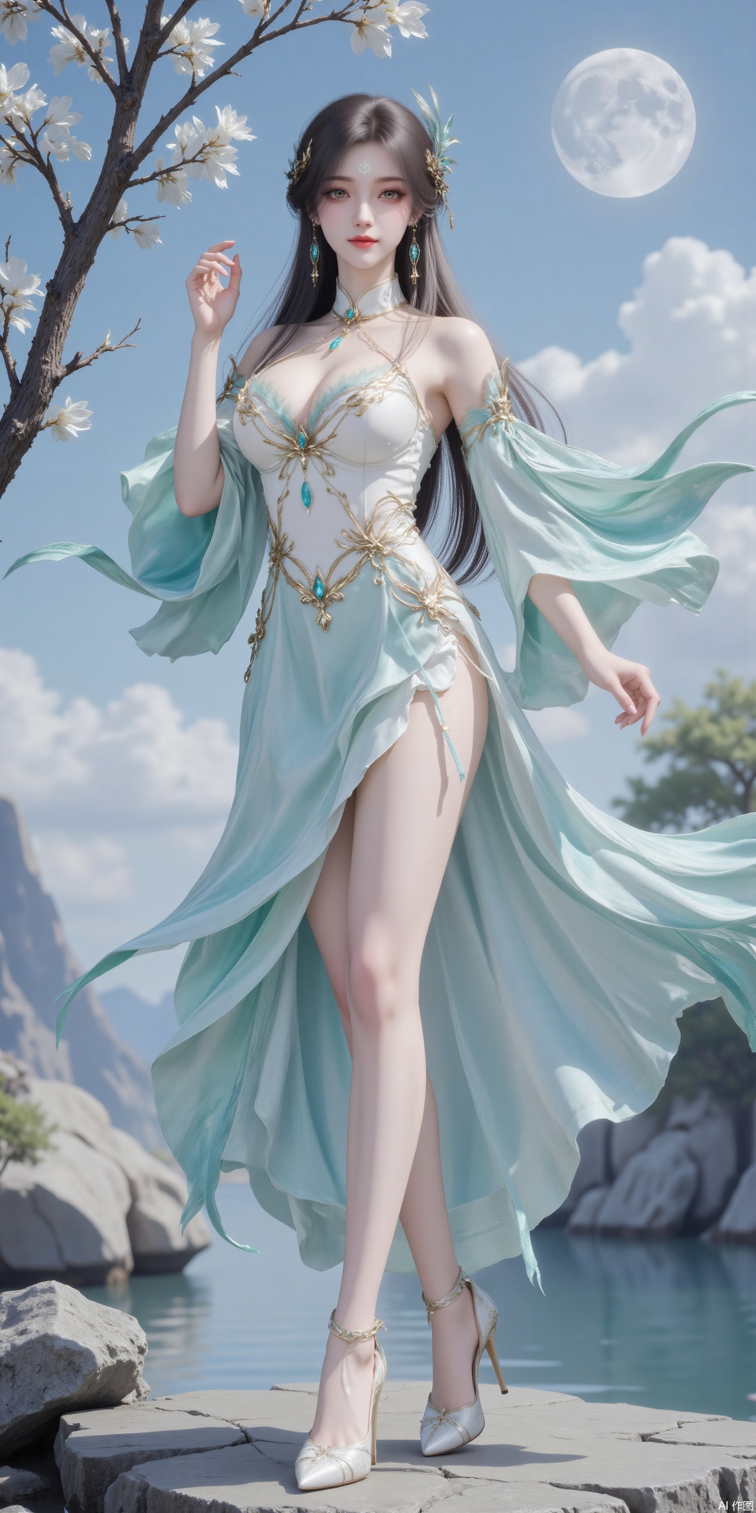 Ultra clear, wallpaper, 8k, masterpiece, masterpiece,best quality,high quality,,chromatic_aberration,Hair accessories,tree,blue sky ,river,Super long legs,stone,white silk,green shirt ,fullmoon ,High heeled sandals,earring,blue hair,Light Blue Theme,long legs ,thin legs (masterpiece,wallpaper,best quality:2),1girl,full body,hanfu,full_shot,wallpaper,full body,beautiful legs,seductive_smile,socks_removed, looking_at_viewer,dumpling_Hug_Pillow,cleavage,huge Breasts,embossed high heels,plns_high heels,huaxiangr,silk,magnificent