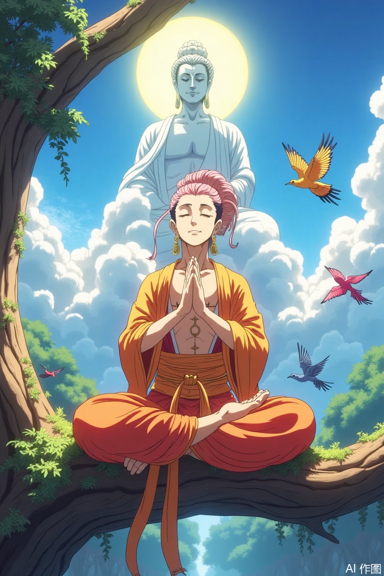 Ultra clear, master level work, 8k, anime style, a boy with pink hair, wearing clothes similar to Dunhuang Flying Apsaras, crossing his legs, resting on a tree branch with his hands on his pillow, smiling and closing his eyes to rest,Several colorful birds landed on him, and the clouds in the distance formed the shape of a Buddha statue, with rich details and halo,The quality of the work is high,A BOW-Sakyamuni