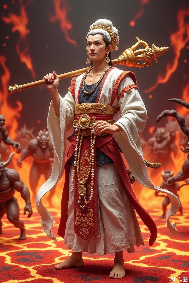 Ultra clear picture quality, master level work, 8k, manga style, 1boy, white hair, smoky makeup, black lips, multi-layered white embroidered Hanfu, Buddhist beads made of different animal bones, holding a huge Zen wand in hand, looking sympathetically into the distance, the ground like magma, countless hellish demons running towards him, studio lighting, studio quality,A BOW-Sakyamuni,Knitting Art