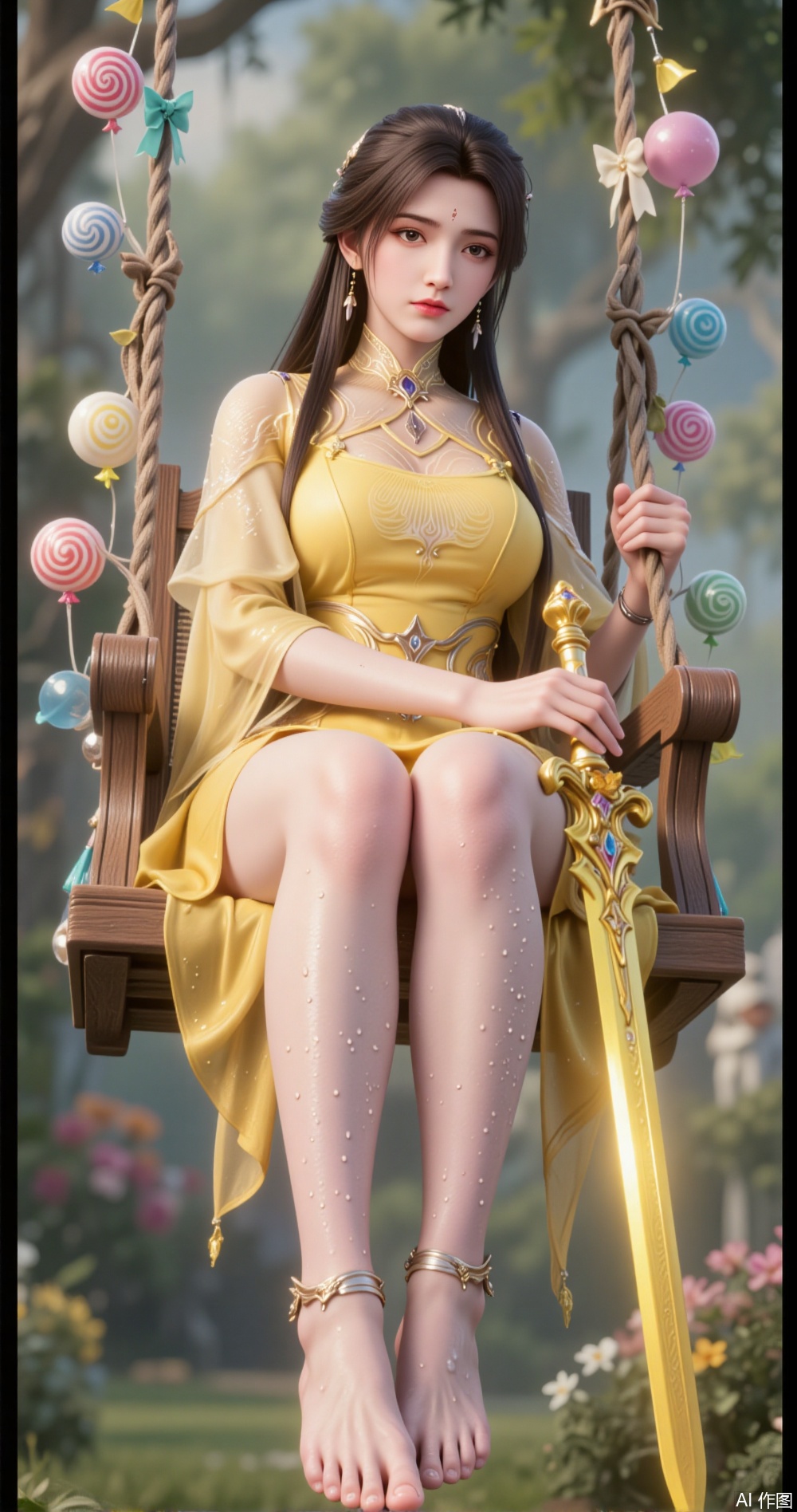 Holding a sword in hand
￼
The image shows a young woman sitting on a swing in a garden
￼
She is wearing a yellow dress and has long dark hair
￼
The swing is made of wood and is decorated with colorful lollipops, candy canes, and balloons
￼
The woman is holding a yellow sword in her right hand and is looking off to the side with a peaceful expression on her face
￼
The background is filled with lush greenery and colorful flowers
￼
The overall mood of the image is cheerful and whimsical.
￼
with feet dipped in milk and wearing ankle bracelets
￼
The skin is covered with water droplets