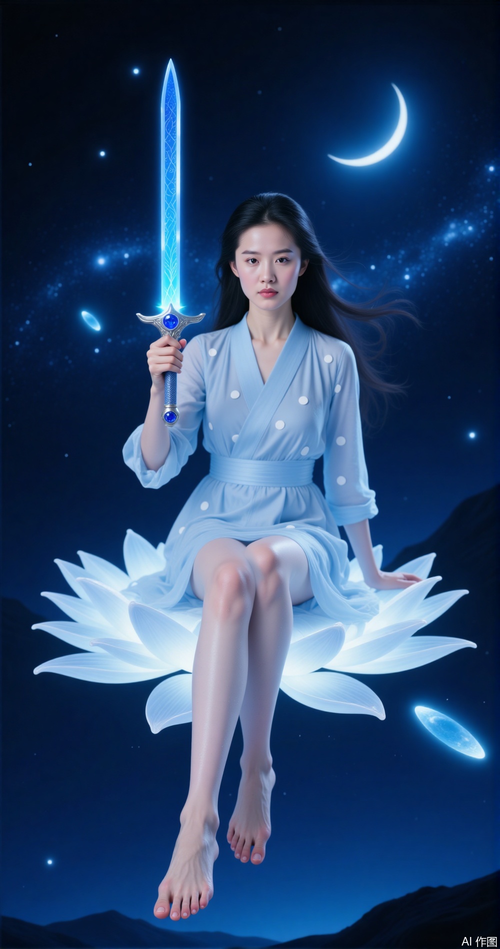 Holding a sword in hand
￼
The image shows a young woman sitting on a white lotus flower with a blue sword in her hand
￼
She is wearing a light blue dress with white polka dots and barefoot sandals
￼
The woman has long dark hair and is looking directly at the camera with a serious expression
￼
The background is a dark blue night sky with a galaxy and a crescent moon
￼
The overall mood of the image is mystical and dreamlike.