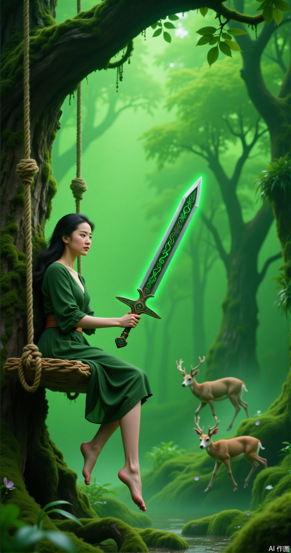 Holding a sword in hand
￼
The image shows a young woman sitting on a swing in a lush green forest
￼
She is wearing a green dress and has long dark hair
￼
The swing is made of rope and is suspended between two large trees
￼
The woman is holding a large green sword in her right hand and is looking off into the distance with a peaceful expression on her face
￼
In the background, there are two animals, one of which appears to be a deer, walking through the forest
￼
The overall mood of the image is serene and peaceful.