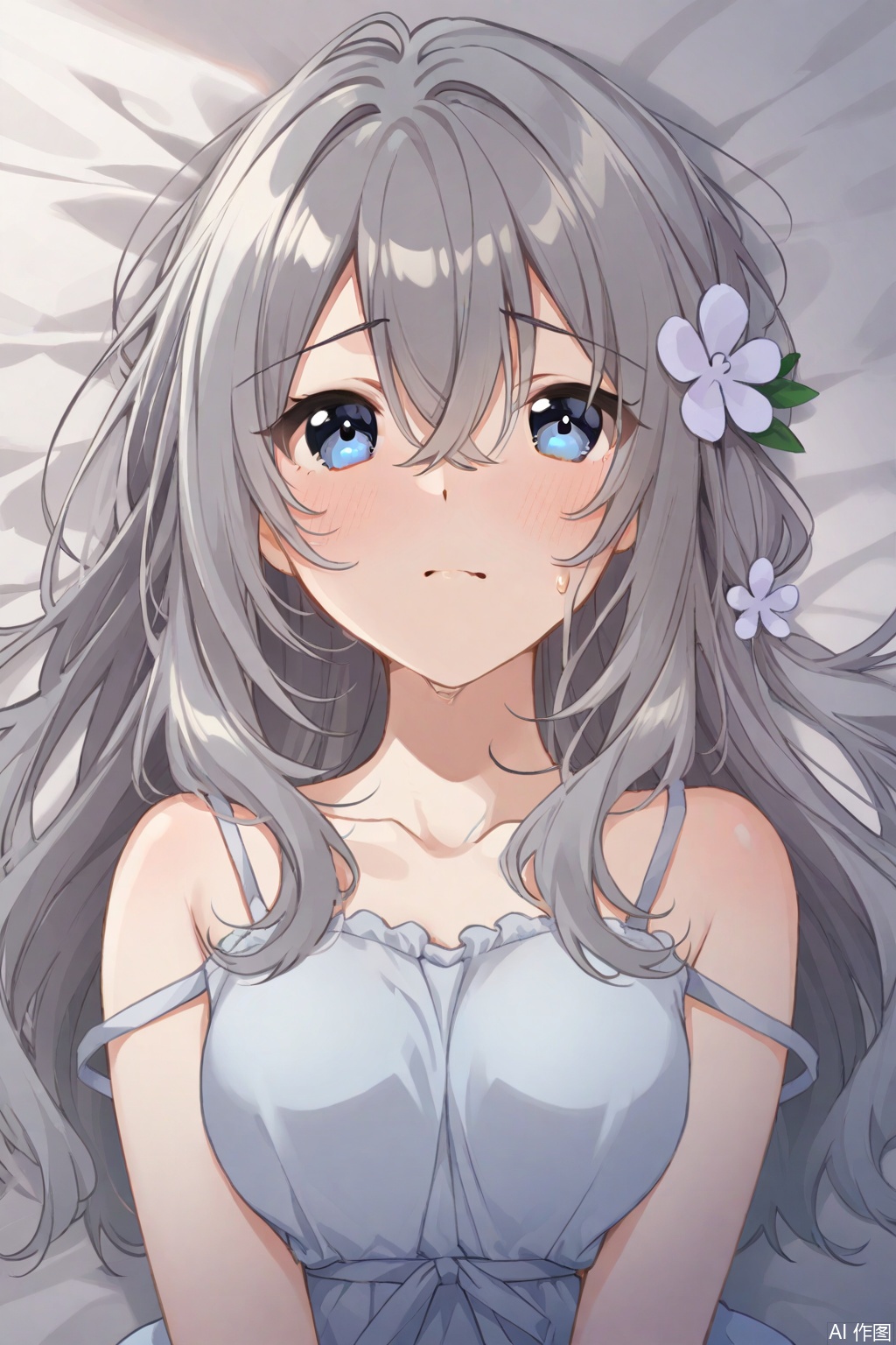 1girl, solo, long hair, lying, on back, blue eyes, grey hair, hair ornament, hair flower, breasts, collarbone, hair between eyes, looking at viewer, flower, sweatdrop, closed mouth, blush, upper body, dress