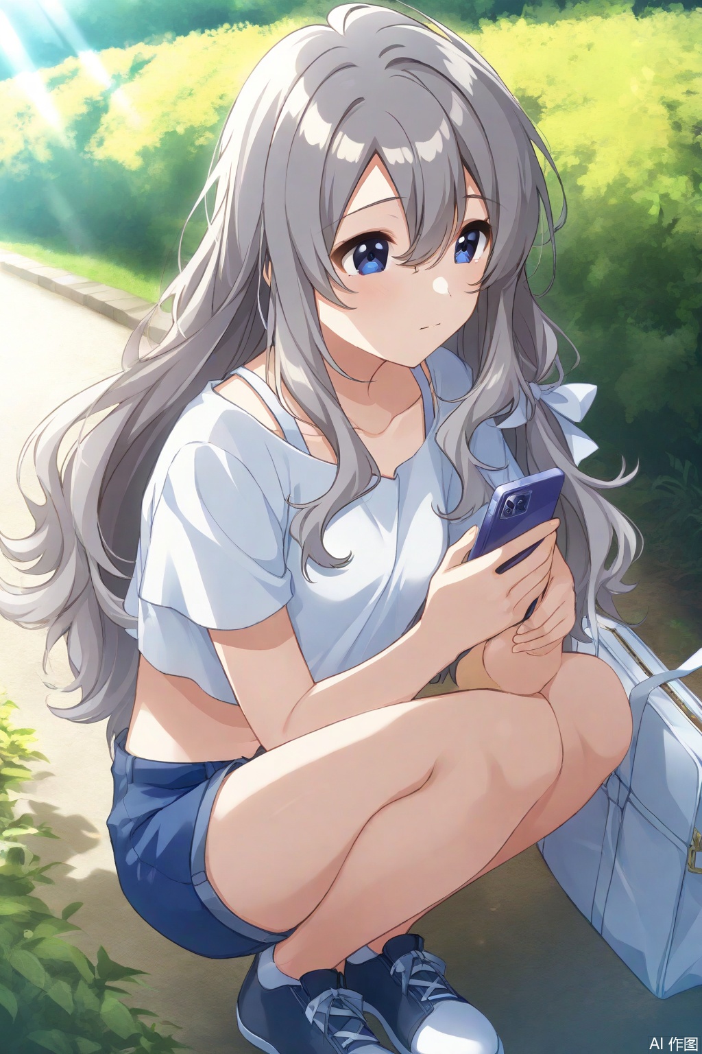 mio\\\( The end of summer \\\), 1girl, solo, long hair, shirt, blue eyes, white shirt, shorts, outdoors, phone, hair between eyes, short sleeves, cellphone, holding, bag, grey hair, midriff, holding phone, smartphone, blue shorts, squatting, crop top, short shorts, shoes, closed mouth, day, sunlight, collarbone