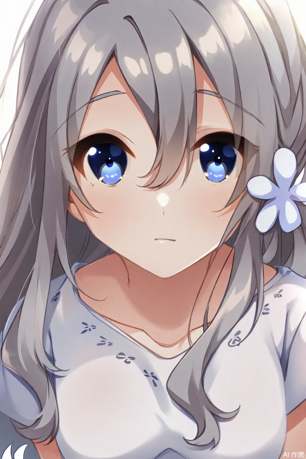 mio\( The end of summer \), 1girl, solo, blue eyes, long hair, grey hair, hair ornament, shirt, hair flower, flower, white shirt, simple background, white background, looking at viewer, upper body, collarbone, hair between eyes, short sleeves, closed mouth, breasts