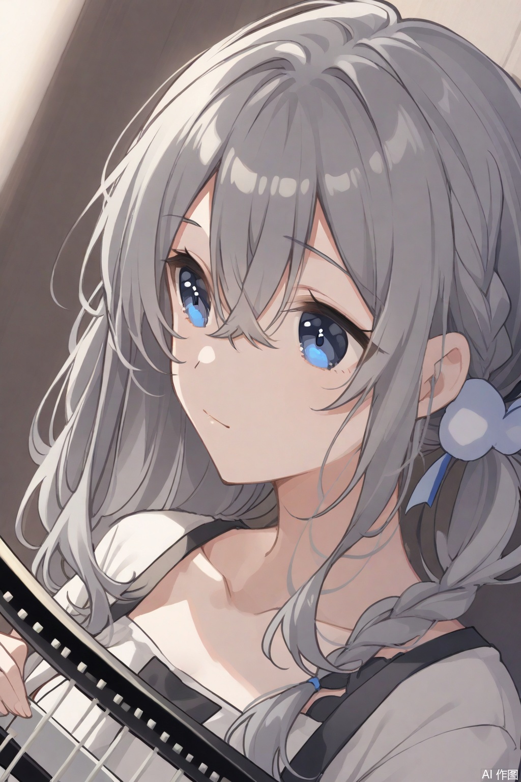 1girl, long hair, blue eyes, solo, hair between eyes, grey hair, collarbone, braid, breasts, closed mouth, twintails, dutch angle, instrument, upper body