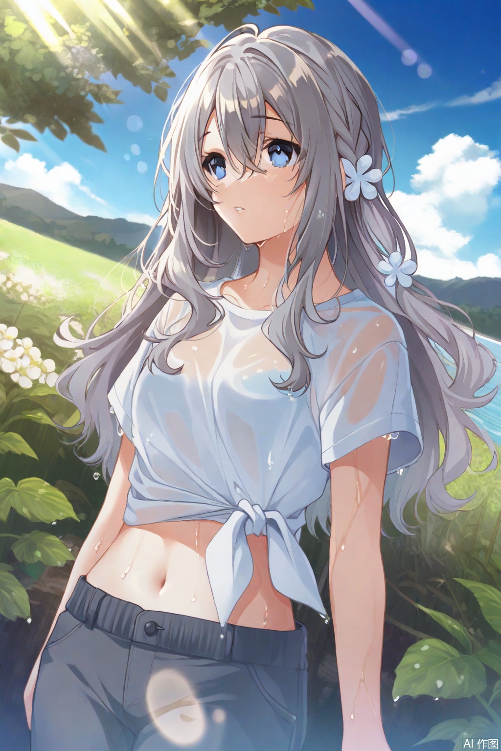  1girl, solo, long hair, shirt, blue eyes, outdoors, navel, day, sky, white shirt, hair ornament, midriff, hair between eyes, flower, hair flower, short sleeves, blue sky, cloud, braid, tied shirt, lens flare, wet, dutch angle, grey hair, sunlight, parted lips