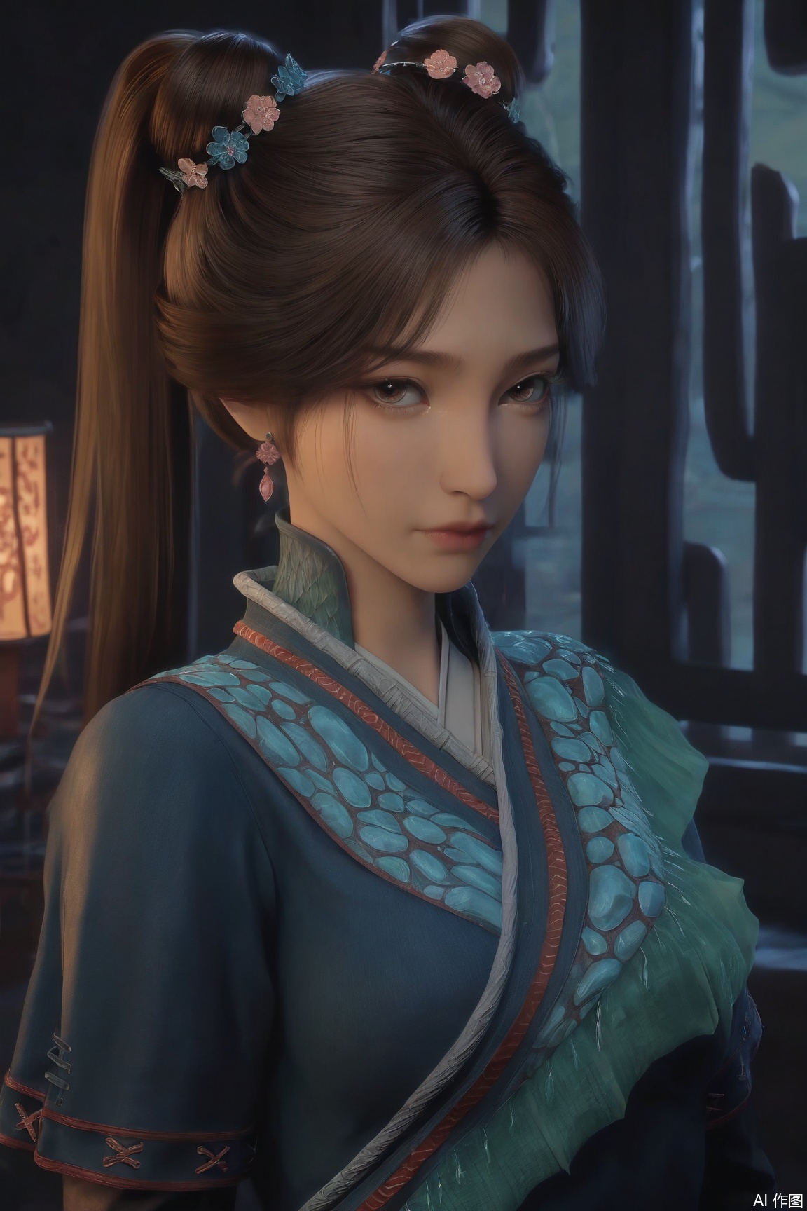 1girl, solo, breasts, looking at viewer, brown hair, brown eyes, jewelry, closed mouth, upper body, earrings, lips, chinese clothes,
masterpiece, best quality, absurdres, highres), amazing quality, very aesthetic, (volumetric lighting), digital art style, drawn aesthetic, concept painting, ultrahigh definition, cinematic lighting, soft diffused light,