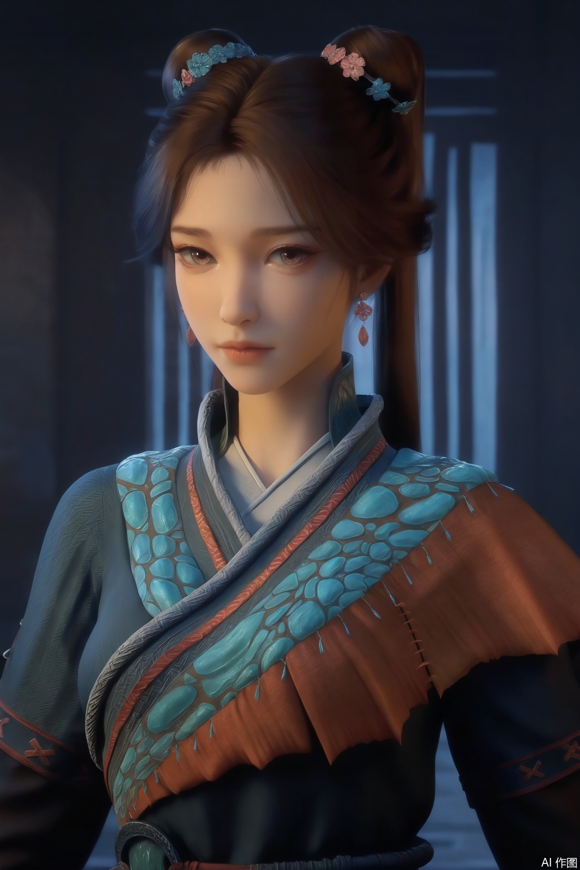 1girl, solo, breasts, looking at viewer, brown hair, brown eyes, jewelry, closed mouth, upper body, earrings, lips, chinese clothes,
masterpiece, best quality, absurdres, highres), amazing quality, very aesthetic, (volumetric lighting), digital art style, drawn aesthetic, concept painting, ultrahigh definition, cinematic lighting, soft diffused light,