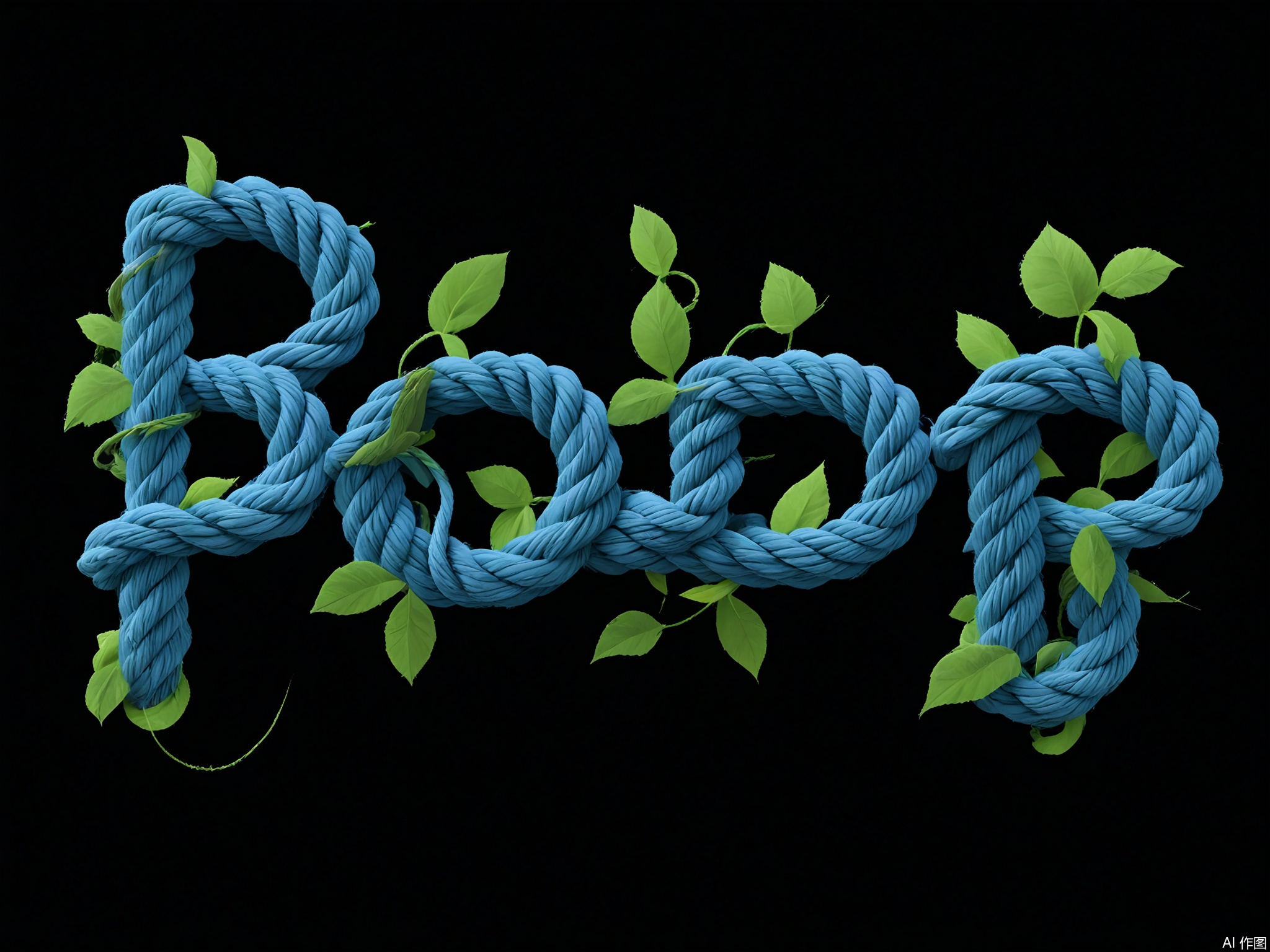 XTZT, The word "SERENITY" is spelled out in harmonious green and blue ropes against a black background. The ropes, mimicking tender vines with leaf-like knots, create a serene atmosphere. Centered and calming, "SERENITY" embodies peace and tranquility.

