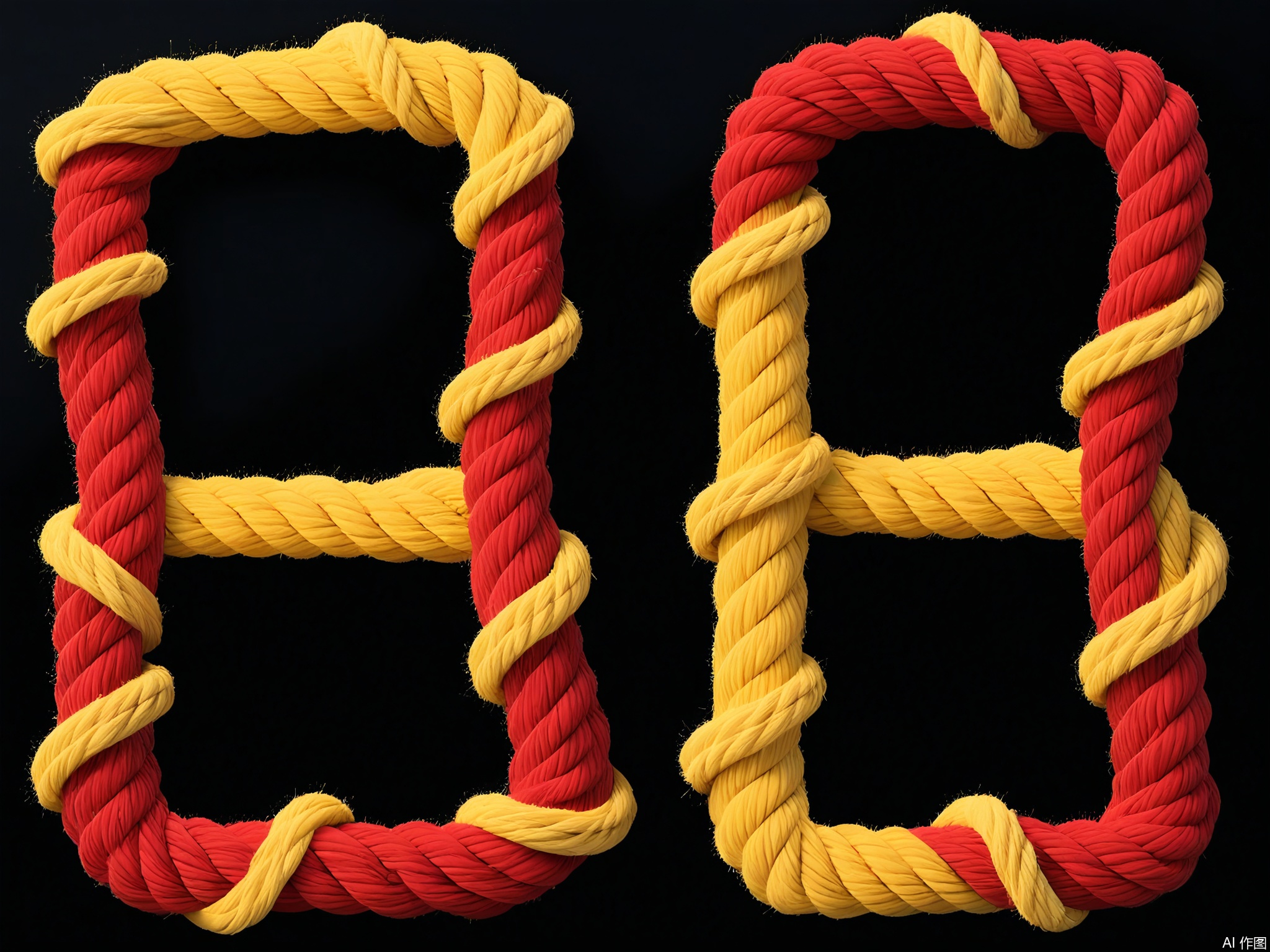 XTZT, The word "ART" is spelled out in vibrant red and yellow ropes against a black background. The ropes, dynamically twisted, resemble flames with a scaly texture. Centered and striking, "ART" embodies artistic tension and creativity, perfect for showcasing artistic expression.



