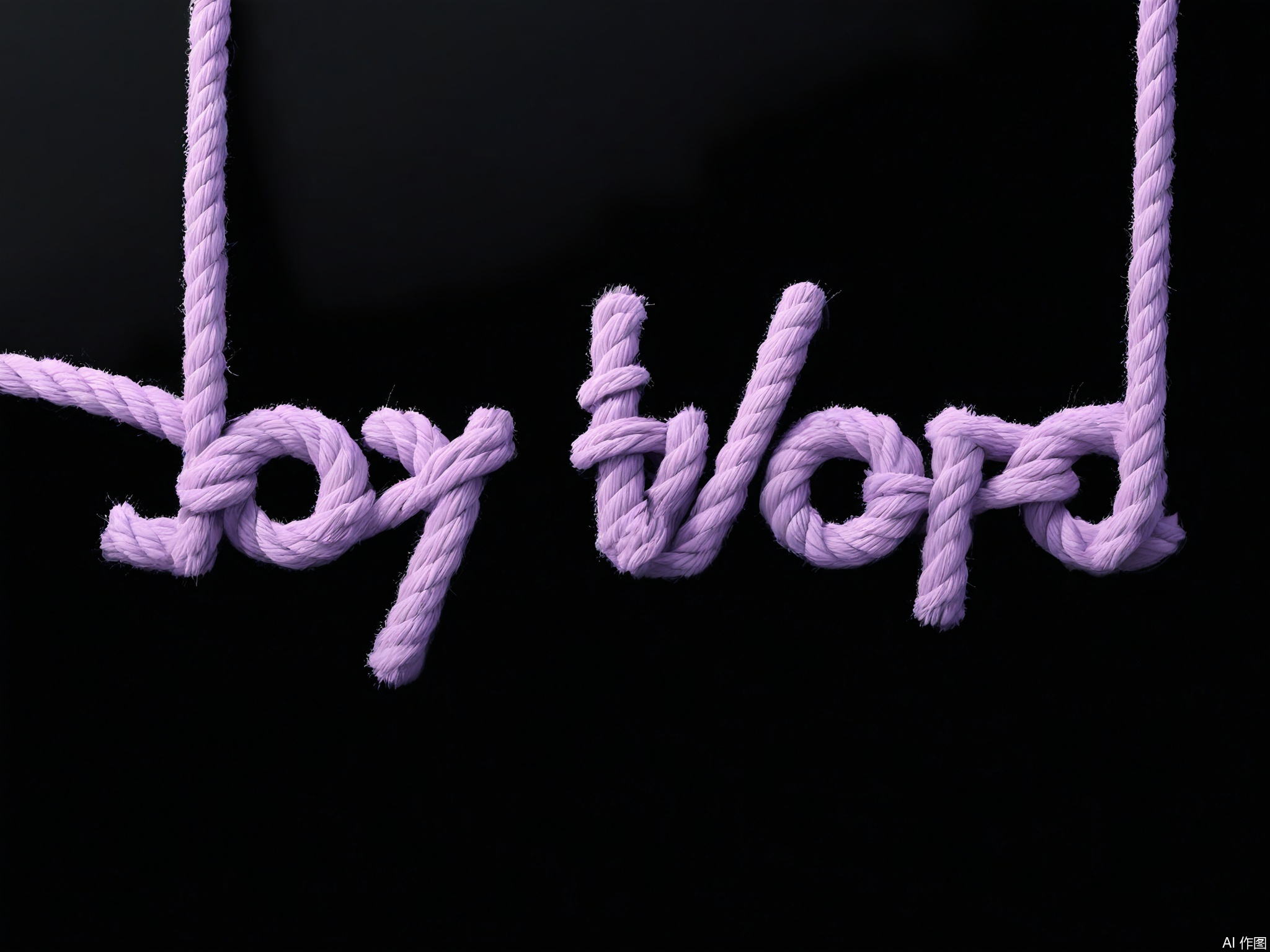 XTZT, The word "JOY" is spelled out in soft pink and purple ropes against a black background. The ropes, intertwined playfully, have a fluffy texture with a gentle glow. Centered and cheerful, "JOY" embodies warmth and happiness, ideal for spreading joy and positivity.

