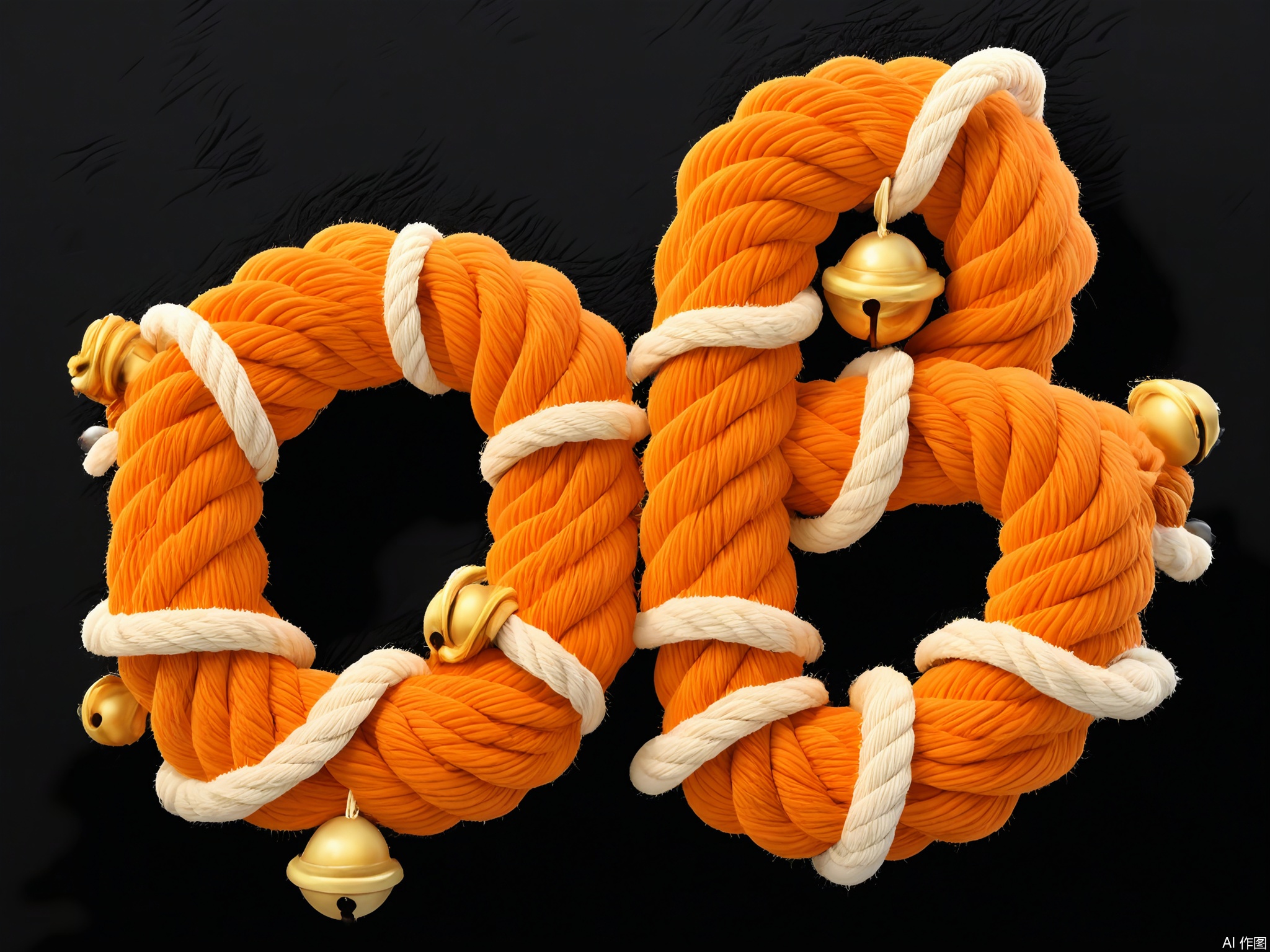 XTZT, The word "VITALITY" is spelled out in sunny orange and yellow ropes against a black background. The ropes, fluffy in texture with bell decorations, embody energetic vibes. Centered and lively, "VITALITY" embodies vitality and enthusiasm.

