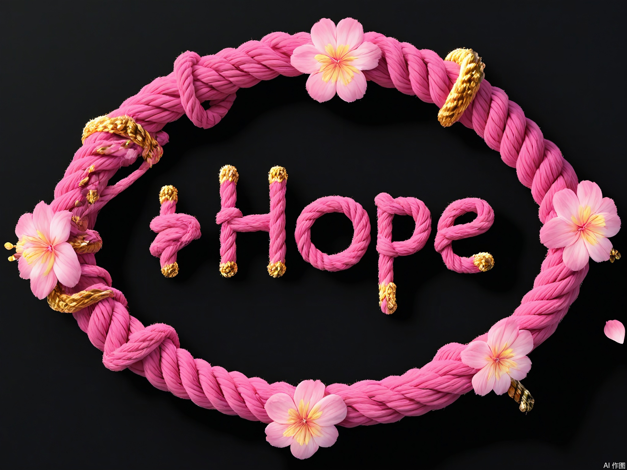 XTZT, The word "HOPE" is spelled out in romantic purple and pink ropes against a black background. The ropes, adorned with three-dimensional flower petals and gold-edged details, symbolize blooming hope. Centered and uplifting, "HOPE" embodies optimism and positivity.


