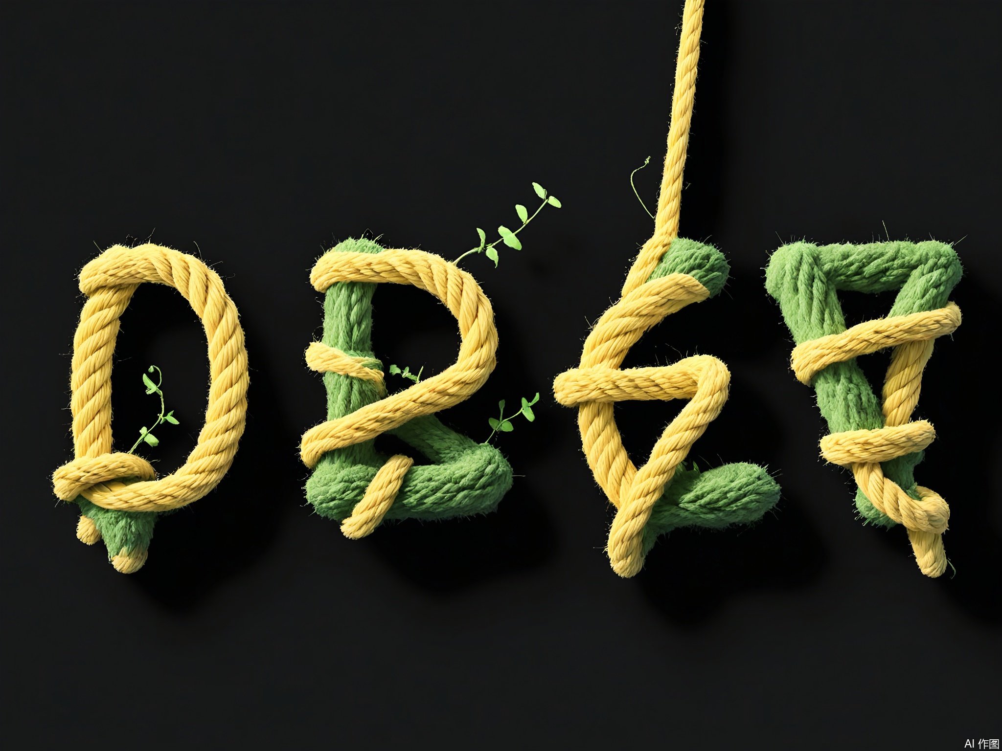 XTZT, The word "PEACE" is spelled out in refreshing green and yellow ropes against a black background. The ropes, mimicking natural vines with moss-like bumps, convey a sense of tranquility. Centered and serene, "PEACE" embodies peace and harmony, ideal for calming and serene contexts.

