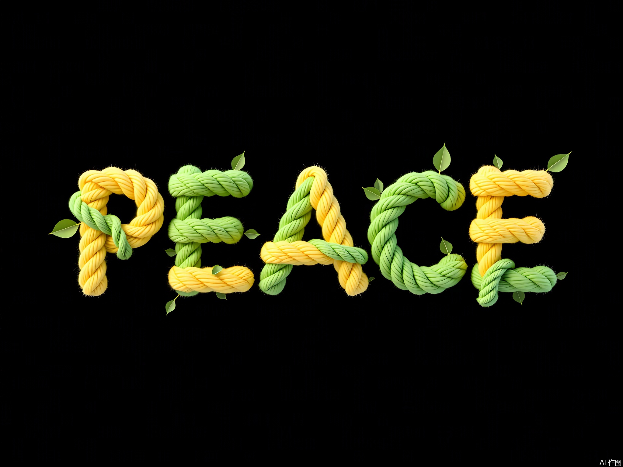 XTZT,
The word "PEACE" is spelled out in refreshing green and yellow ropes against a black background. The ropes, mimicking natural vines with moss-like bumps, convey a sense of tranquility. Centered and serene, "PEACE" embodies peace and harmony, ideal for calming and serene contexts.
