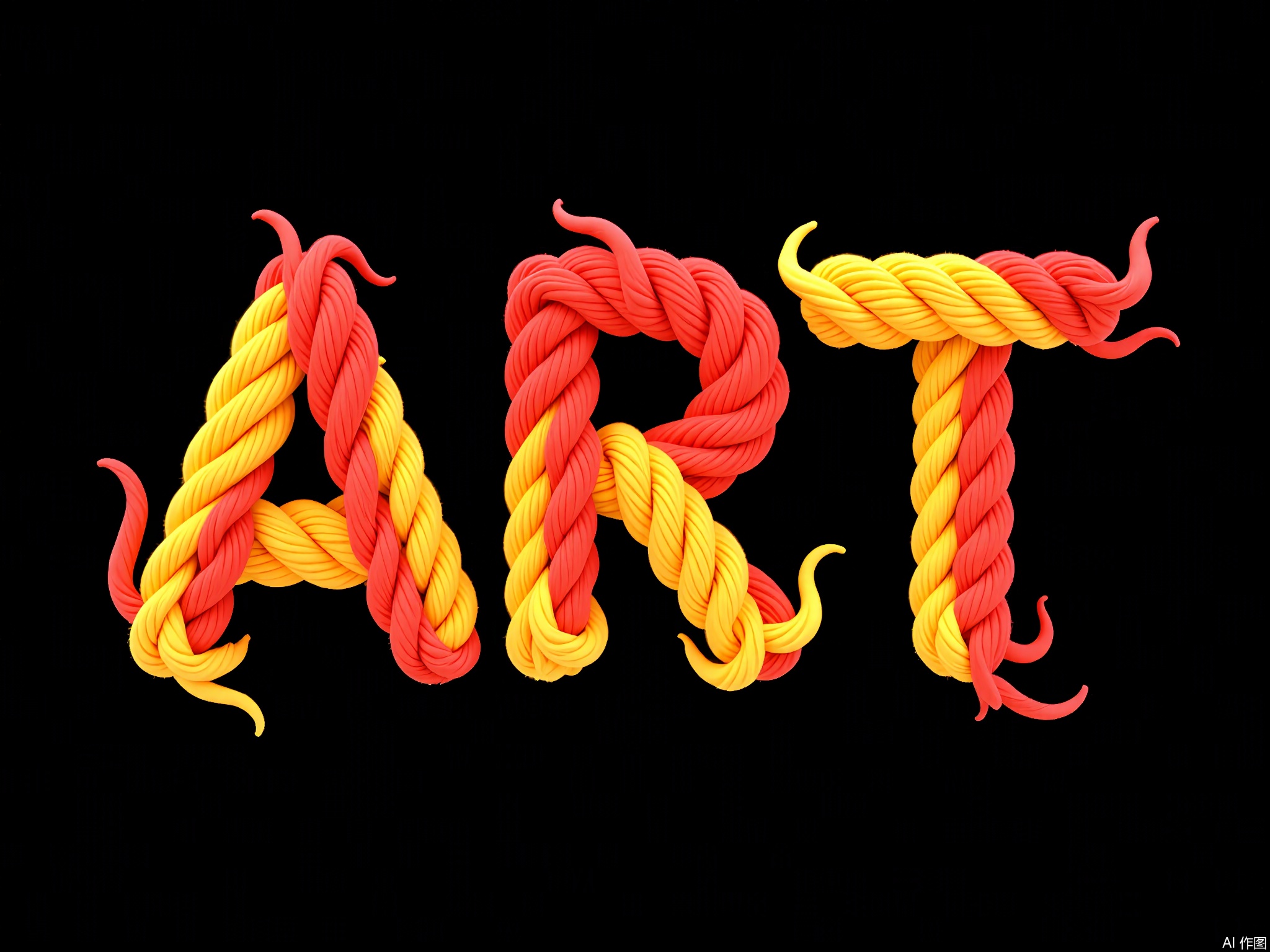 XTZT,
The word "ART" is spelled out in vibrant red and yellow ropes against a black background. The ropes, dynamically twisted, resemble flames with a scaly texture. Centered and striking, "ART" embodies artistic tension and creativity, perfect for showcasing artistic expression.

