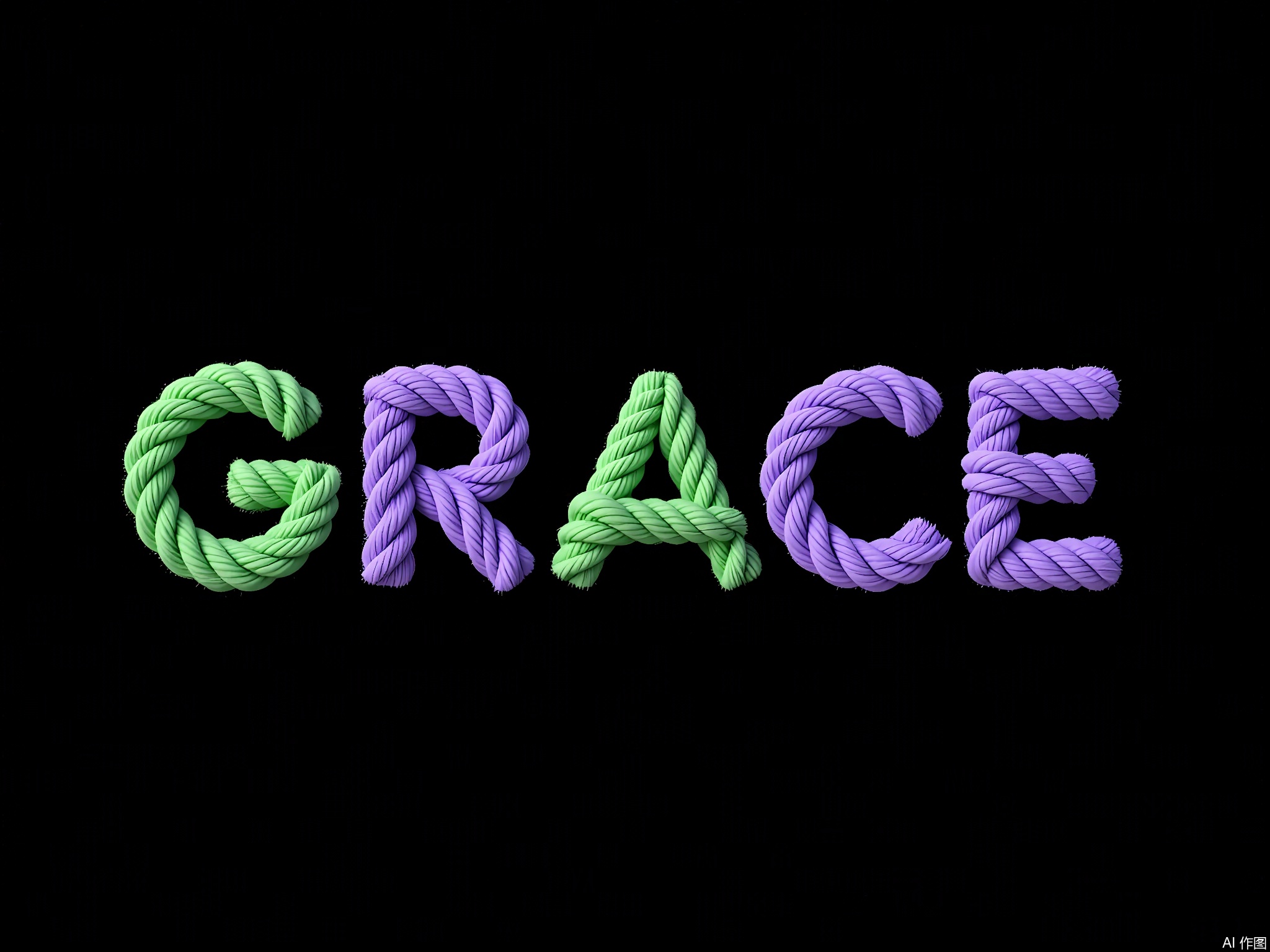 XTZT,
The word "GRACE" is spelled out in harmonious green and purple ropes against a black background. The ropes, smooth like silk with feather-like speckles, exude elegance. Centered and graceful, "GRACE" embodies refinement and charm.

