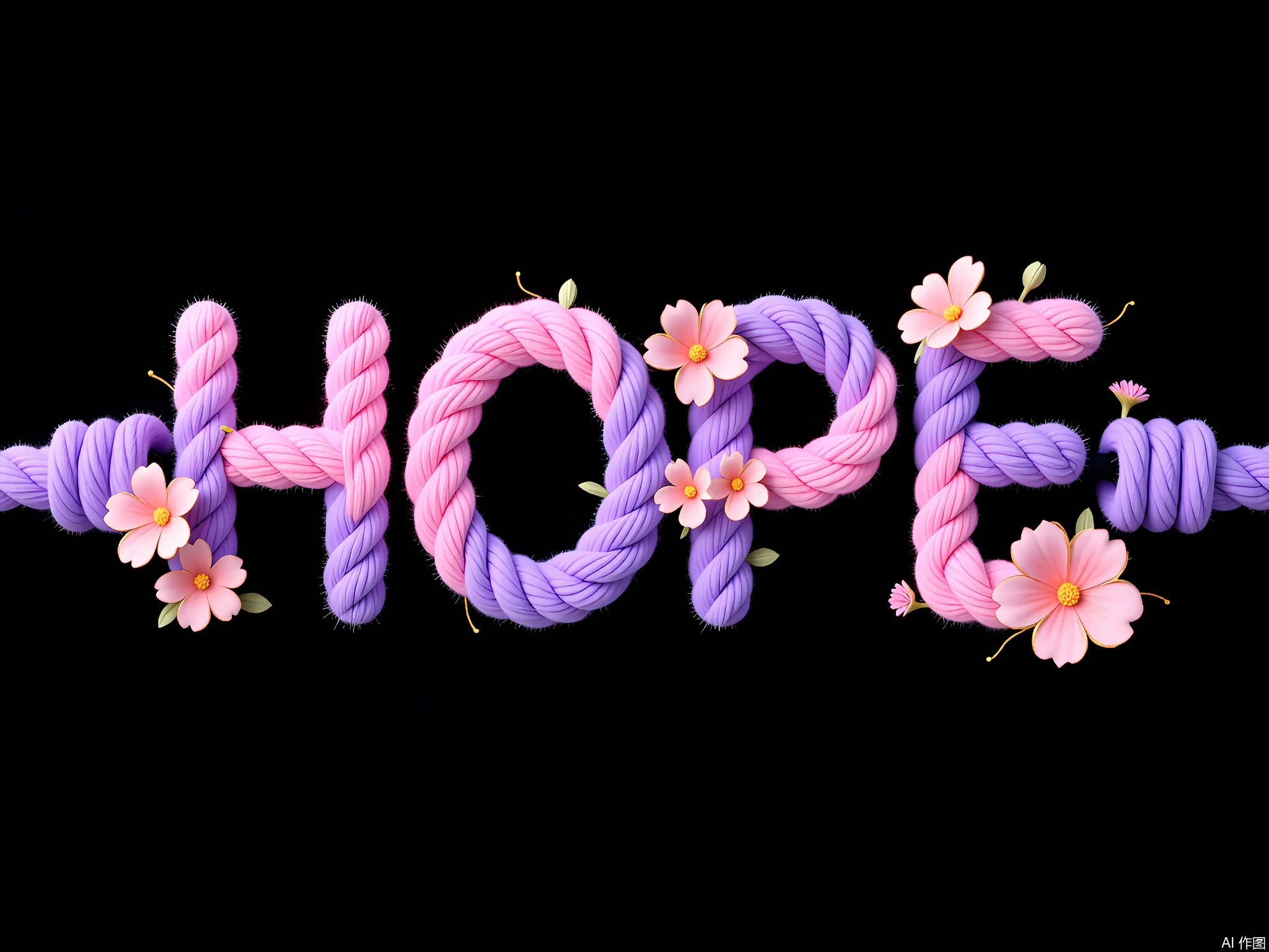 XTZT,
The word "HOPE" is spelled out in romantic purple and pink ropes against a black background. The ropes, adorned with three-dimensional flower petals and gold-edged details, symbolize blooming hope. Centered and uplifting, "HOPE" embodies optimism and positivity.
