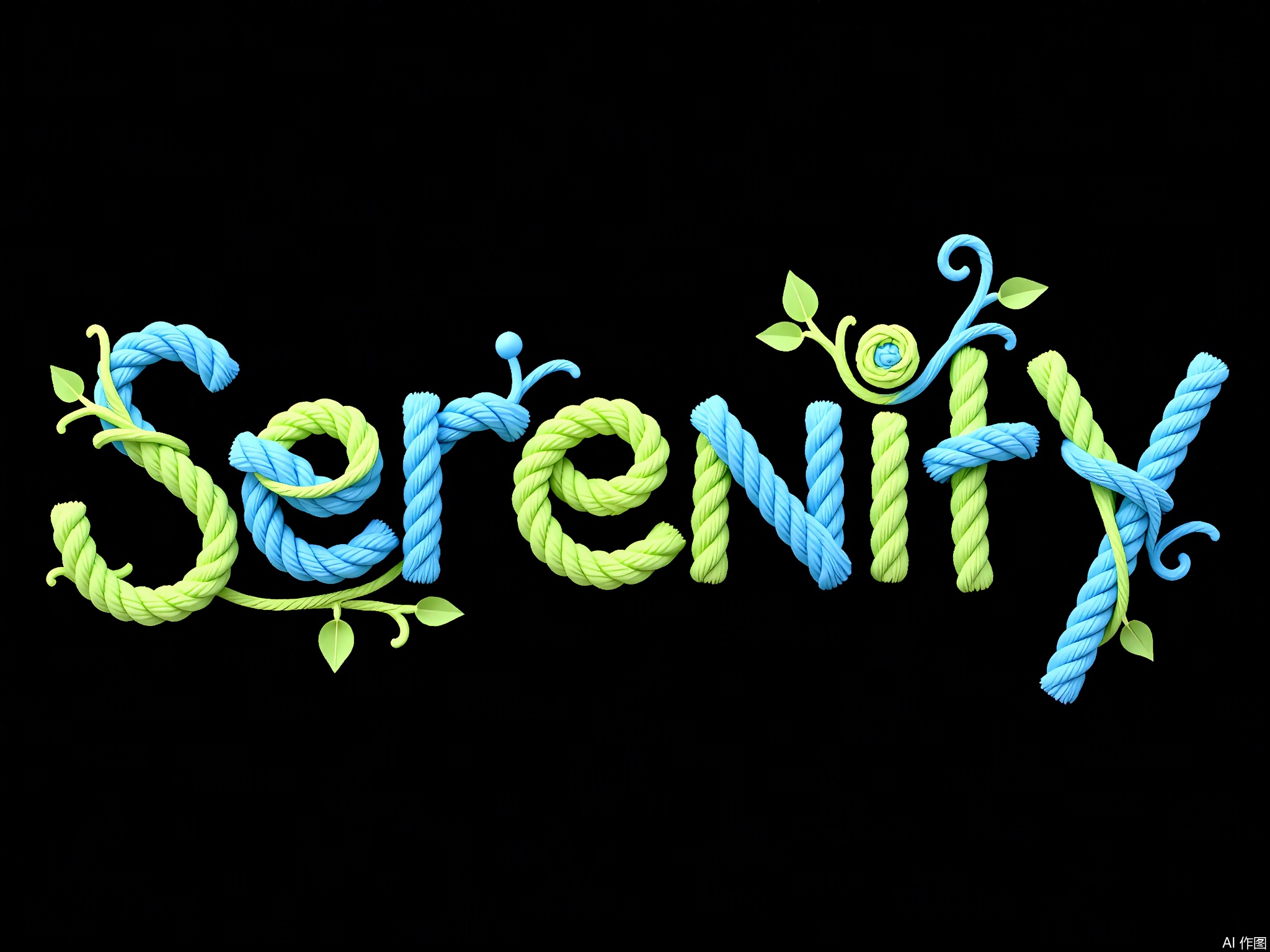 XTZT,
 The word "SERENITY" is spelled out in harmonious green and blue ropes against a black background. The ropes, mimicking tender vines with leaf-like knots, create a serene atmosphere. Centered and calming, "SERENITY" embodies peace and tranquility.

