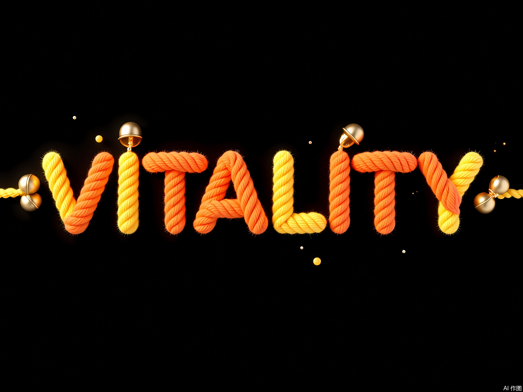 XTZT,
The word "VITALITY" is spelled out in sunny orange and yellow ropes against a black background. The ropes, fluffy in texture with bell decorations, embody energetic vibes. Centered and lively, "VITALITY" embodies vitality and enthusiasm.

