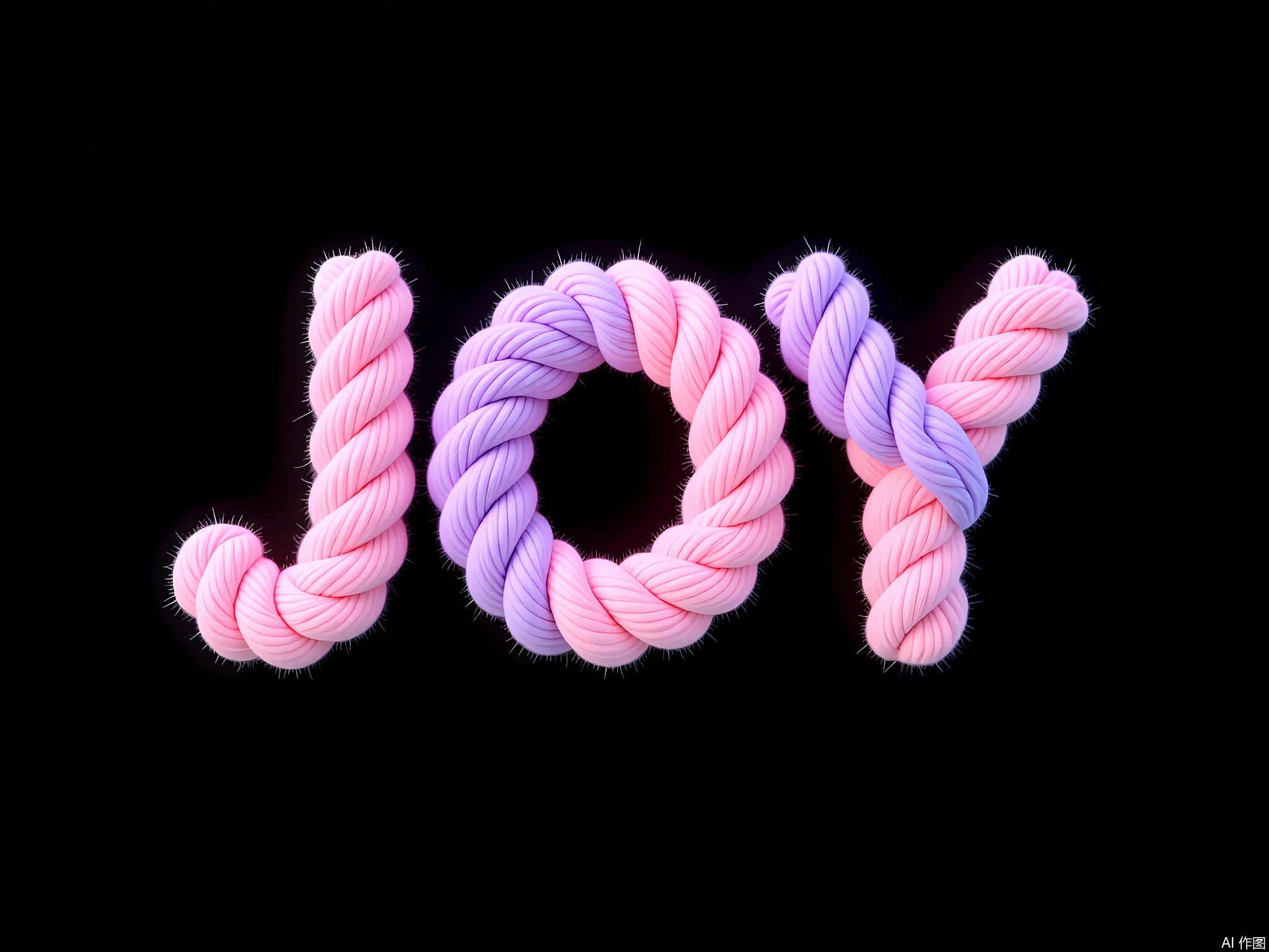 XTZT,
 The word "JOY" is spelled out in soft pink and purple ropes against a black background. The ropes, intertwined playfully, have a fluffy texture with a gentle glow. Centered and cheerful, "JOY" embodies warmth and happiness, ideal for spreading joy and positivity.

