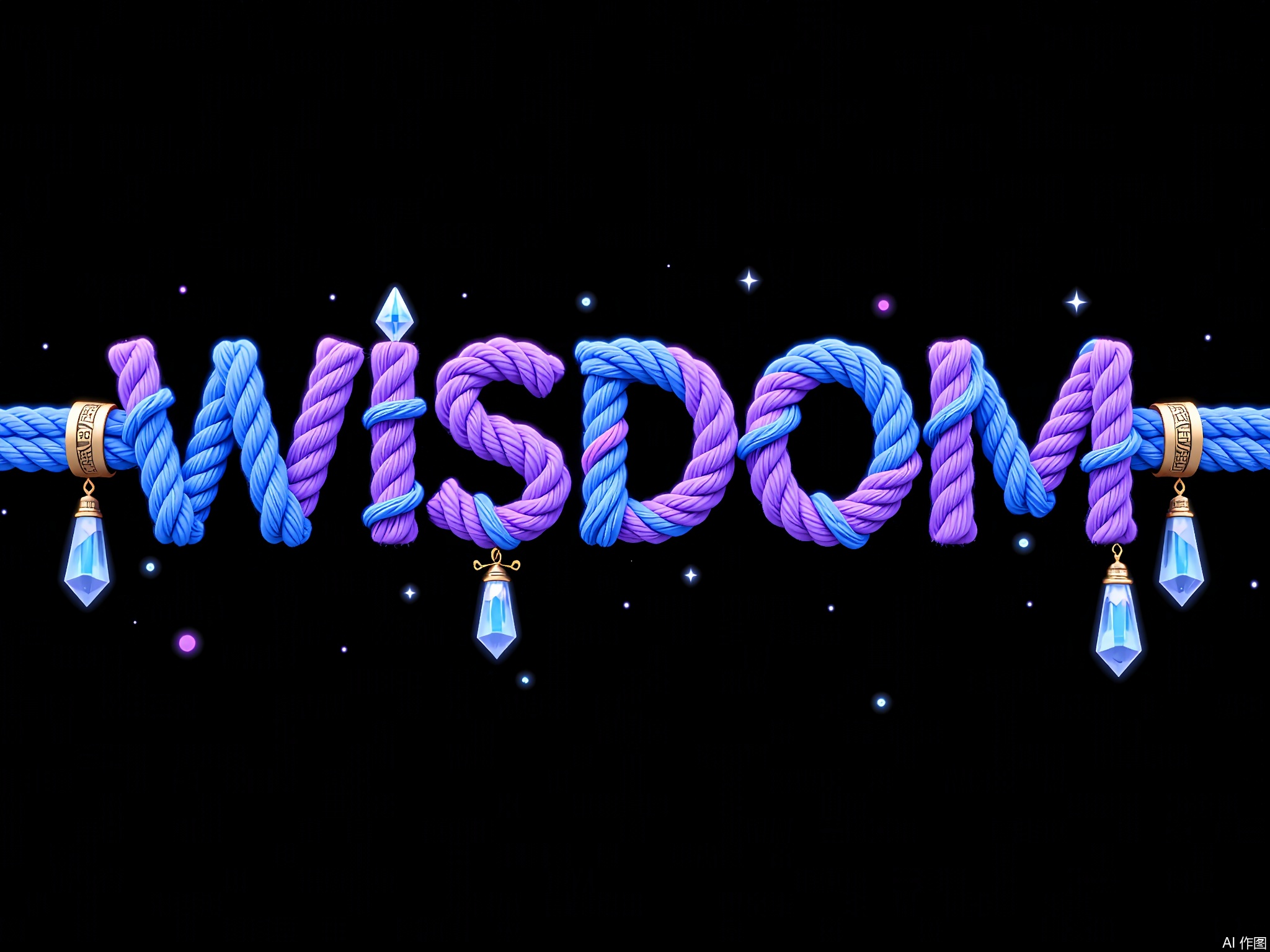 XTZT,
The word "WISDOM" is spelled out in mysterious blue and purple ropes against a black background. The ropes, etched with hieroglyphic symbols and adorned with crystal pendants, symbolize accumulated wisdom. Centered and profound, "WISDOM" embodies knowledge and insight.

