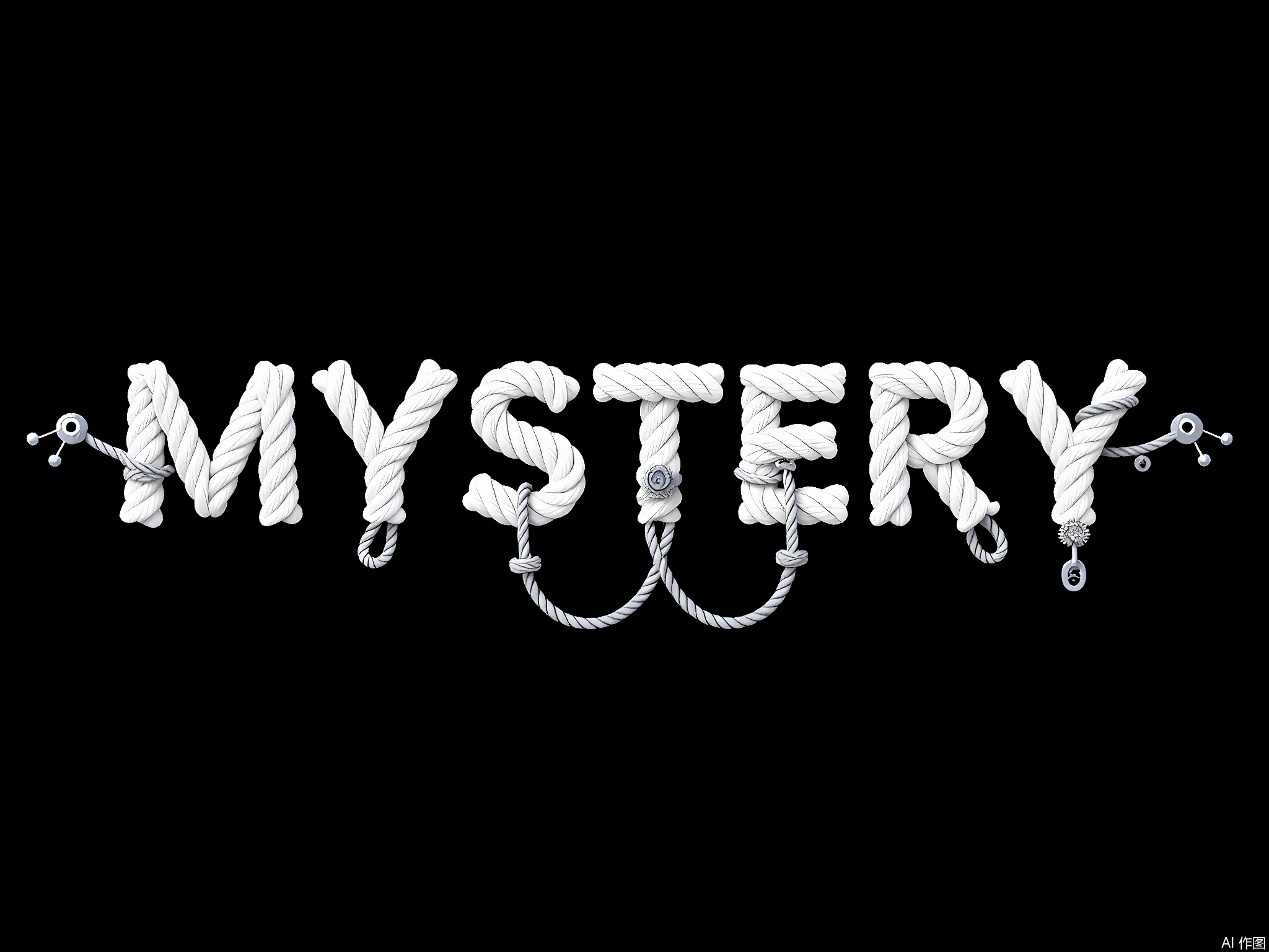 XTZT,
 The word "MYSTERY" is spelled out in elegant silver and white ropes against a black background. The ropes, etched with mysterious symbols and hidden miniature gears, symbolize the unknown. Centered and enigmatic, "MYSTERY" embodies intrigue and curiosity.

