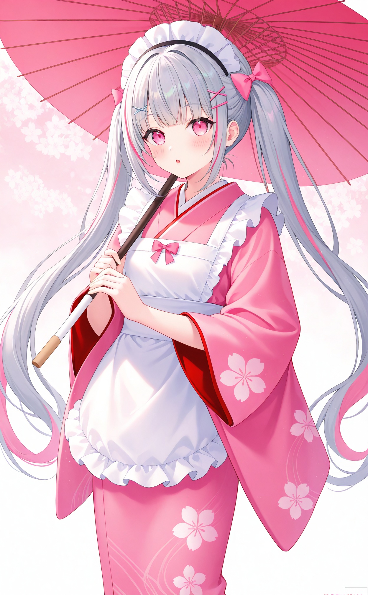 1girl, solo, long hair, looking at viewer, blush, bangs, hair ornament, long sleeves, bow, holding, twintails, very long hair, pink hair, hair bow, grey hair, multicolored hair, frills, parted lips, japanese clothes, hairclip, wide sleeves, pink eyes, kimono, twitter username, :o, apron, streaked hair, umbrella, x hair ornament, pink bow, white apron, frilled apron, holding umbrella, oil-paper umbrella, pink kimono,female child,cxqshfxl