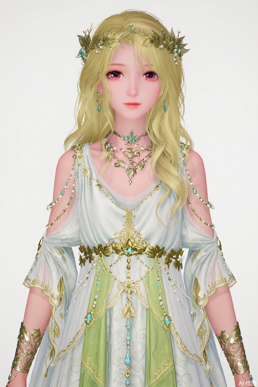 1girl, solo, long hair, looking at viewer, blonde hair, white background, dress, jewelry, standing, earrings, necklace, white dress,