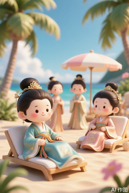 Q-tip

a group of Asian dolls are seated on a sandy beach. The doll on the left is dressed in a blue kimono

adorned with gold embroidery and a gold belt. Her hair is styled in a traditional Asian style

and her hair is adorned with a gold crown. The dolls on the right are dressed in traditional kimonos

adorned in pink and gold. They are sitting on a white lounge chair

with a pink umbrella in the background. To the left of the dolls

a palm tree is visible

adding a touch of greenery to the scene. The scene is set against a backdrop of a clear blue sky with white fluffy clouds.