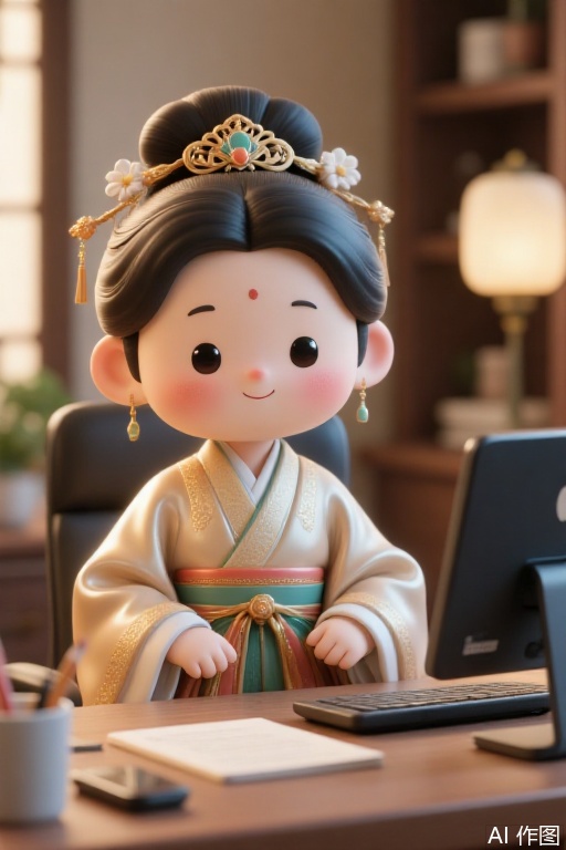 Q-tip

a porcelain doll

dressed in a traditional Japanese kimono

is adorned with a green belt adorned with white flowers and a gold crown. The doll's eyes are black

and her hair is a dark brown color. She is seated at a brown wooden desk

with a black apple computer and a black remote control in front of her. To the left of her

a white mug with pencils in it is placed on the desk. In the background

