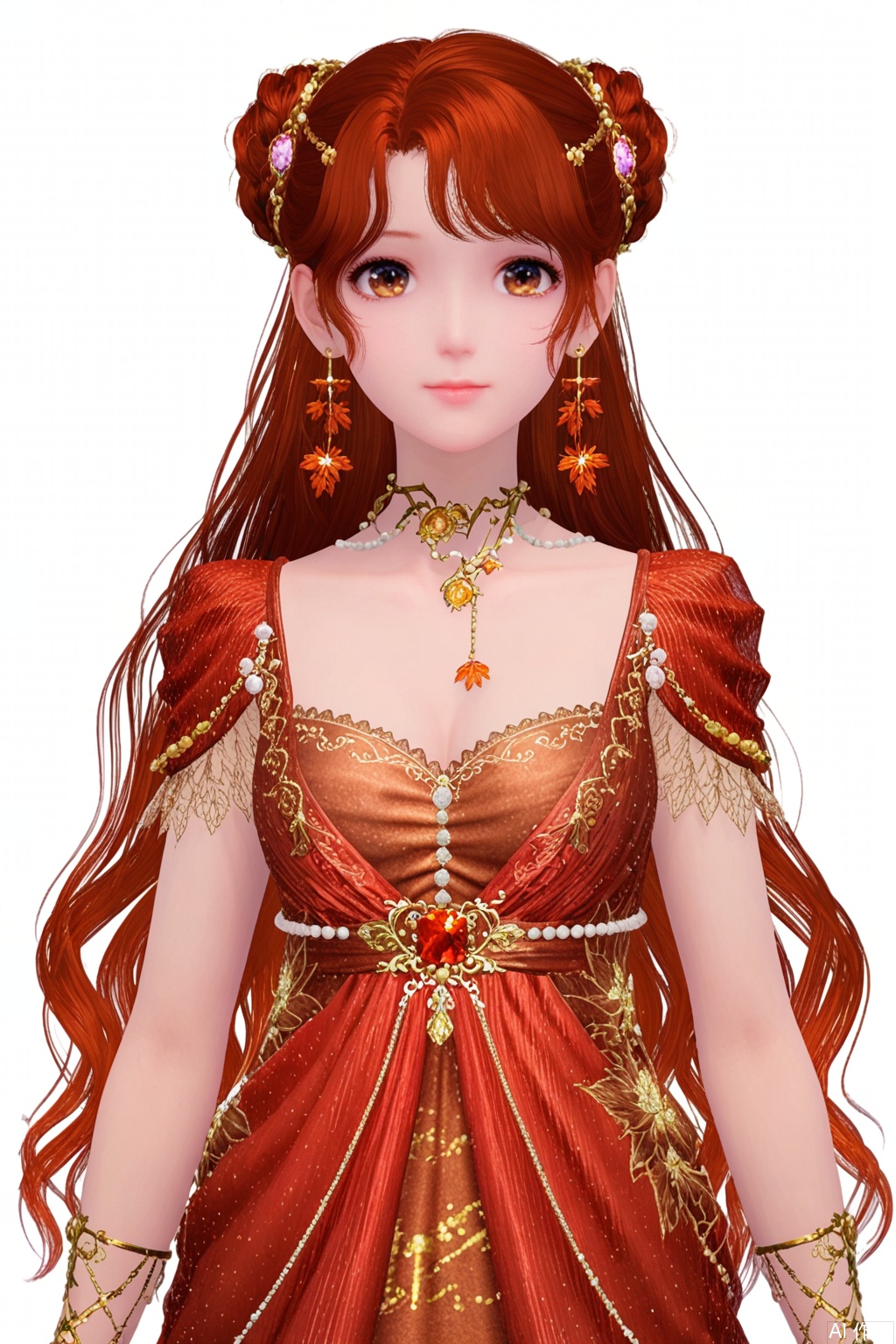 1girl, solo, long hair, breasts, looking at viewer, bangs, simple background, brown hair, hair ornament, white background, dress, cleavage, brown eyes, jewelry, closed mouth, standing, collarbone, red hair, earrings, necklace, hair bun, parted bangs, double bun, red dress, gem, arms at sides
