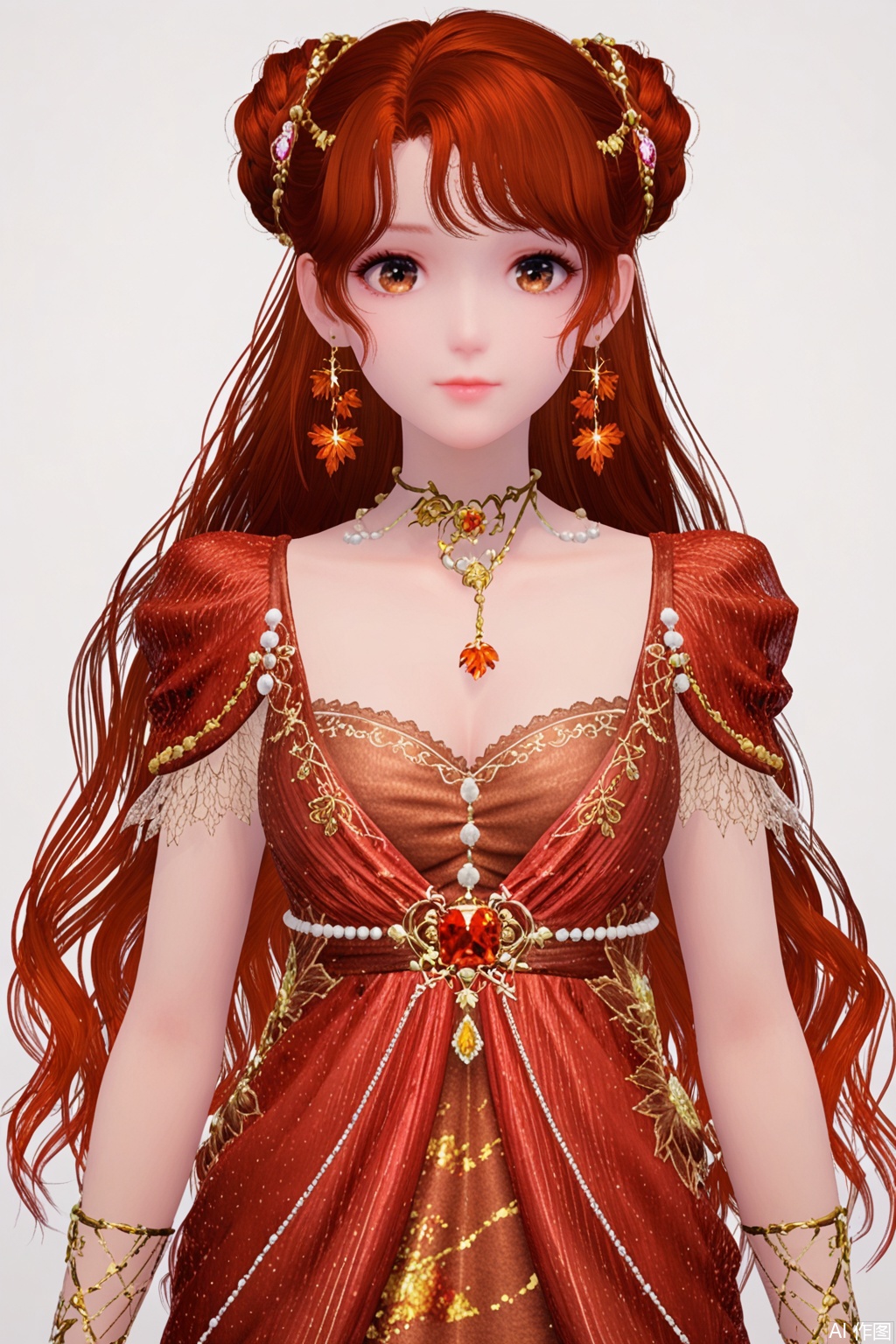 1girl, solo, long hair, breasts, looking at viewer, bangs, simple background, brown hair, hair ornament, white background, dress, cleavage, brown eyes, jewelry, closed mouth, standing, collarbone, red hair, earrings, necklace, hair bun, parted bangs, double bun, red dress, gem, arms at sides