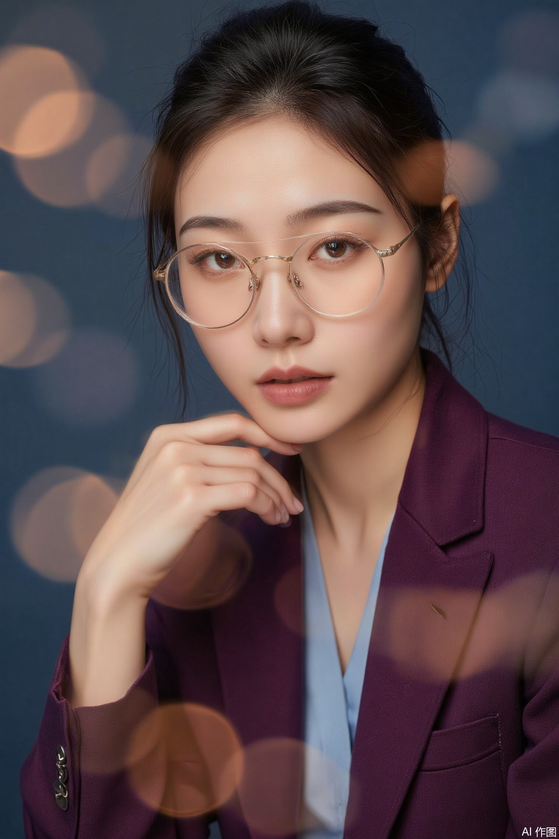 A close - up reveals an Asian professional woman in a magenta suit with an icy blue inner layer, wearing thin - framed gold glasses. She touches her chin with her fingertips, tilts her head slightly, and gazes into the camera. The strong contrast of warm and cool tones creates an intellectual and imposing fashion business atmosphere, with wisdom and determination in her eyes..,plns,anr,motion blur effect,double-exposure,full body,plbj,color-speckled background,digital-art,cinematic texture background,dynamically blurred background