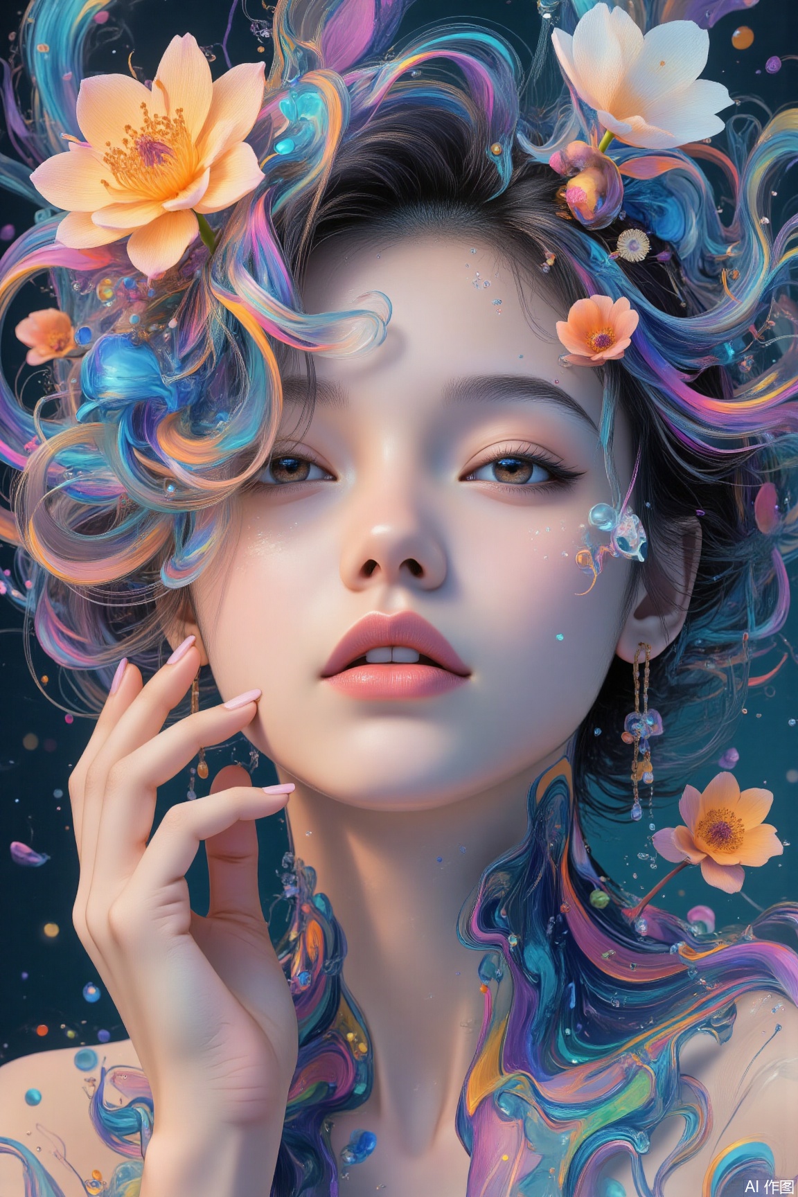 jzbj,surrealism, A portrait that blends a face with fluid, marine - inspired forms and textures, evoking the fluidity of life and the enigmatic allure of the ocean..,surrealism, ,plns,plbj,color-speckled background,digital-art