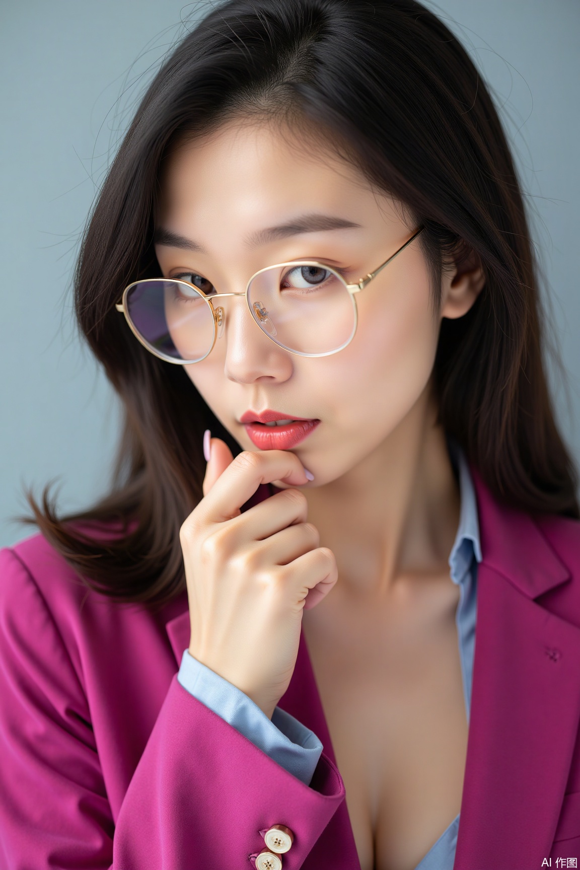 A close - up reveals an Asian professional woman in a magenta suit with an icy blue inner layer, wearing thin - framed gold glasses. She touches her chin with her fingertips, tilts her head slightly, and gazes into the camera. The strong contrast of warm and cool tones creates an intellectual and imposing fashion business atmosphere, with wisdom and determination in her eyes..,plns,anr