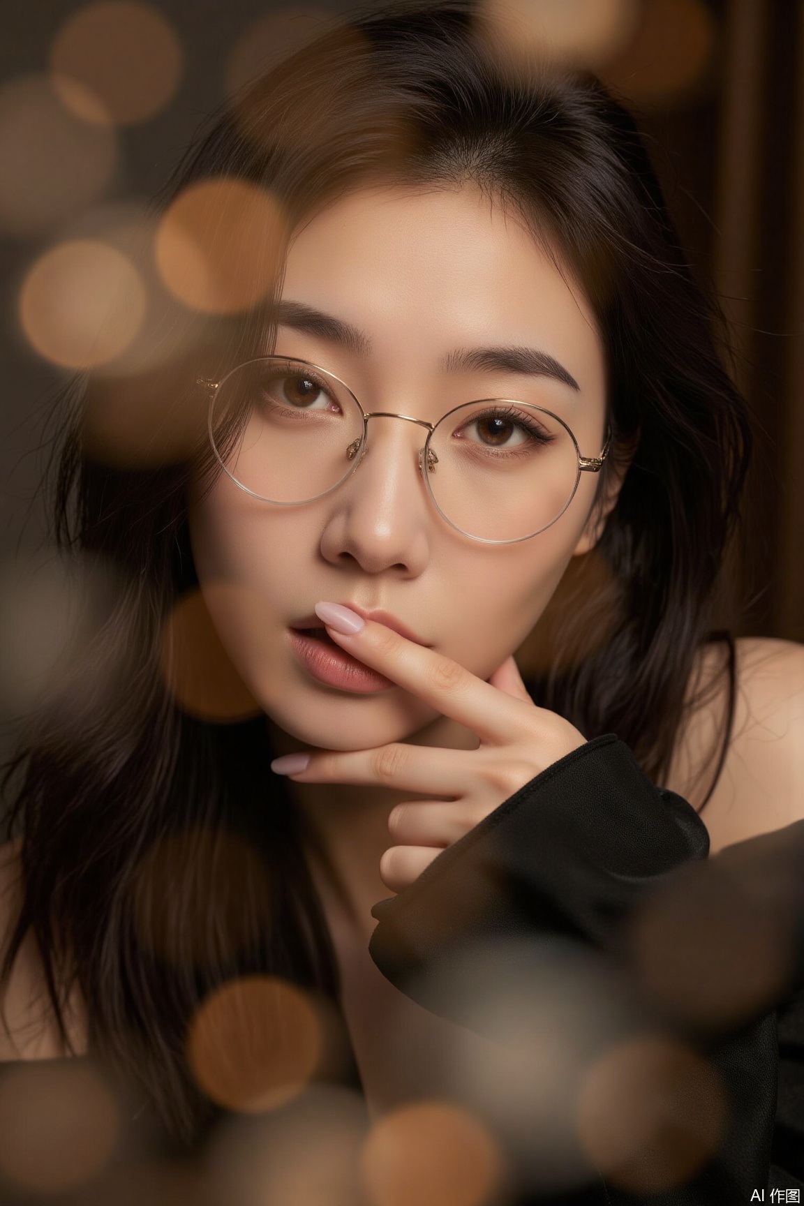 A close - up reveals an Asian professional woman in a sexy clothes, wearing thin - framed gold glasses. She touches her chin with her fingertips, tilts her head slightly, and gazes into the camera. The strong contrast of warm and cool tones creates an intellectual and imposing fashion business atmosphere, with wisdom and determination in her eyes..,plns,anr,motion blur effect,double-exposure,full body,plbj,color-speckled background,digital-art,cinematic texture background,dynamically blurred background