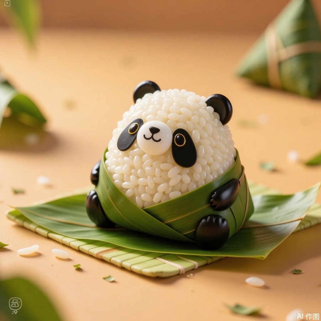 zongzi, Panda is wrapped in bamboo leaves and placed on a bamboo mat with bamboo leaves, against a warm - toned countertop with some scattered rice grains, creating an adorable atmosphere.