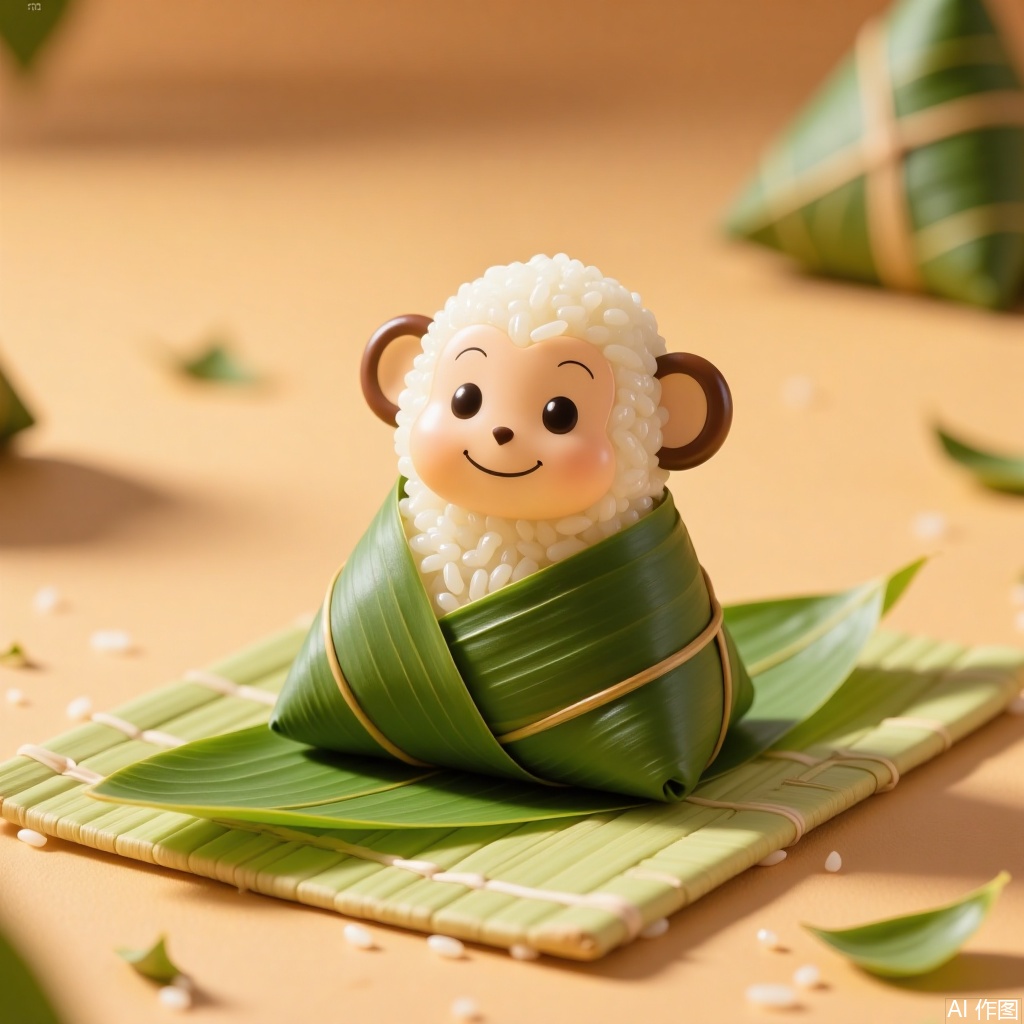 zongzi, monkey is wrapped in bamboo leaves and placed on a bamboo mat with bamboo leaves, against a warm - toned countertop with some scattered rice grains, creating an adorable atmosphere.