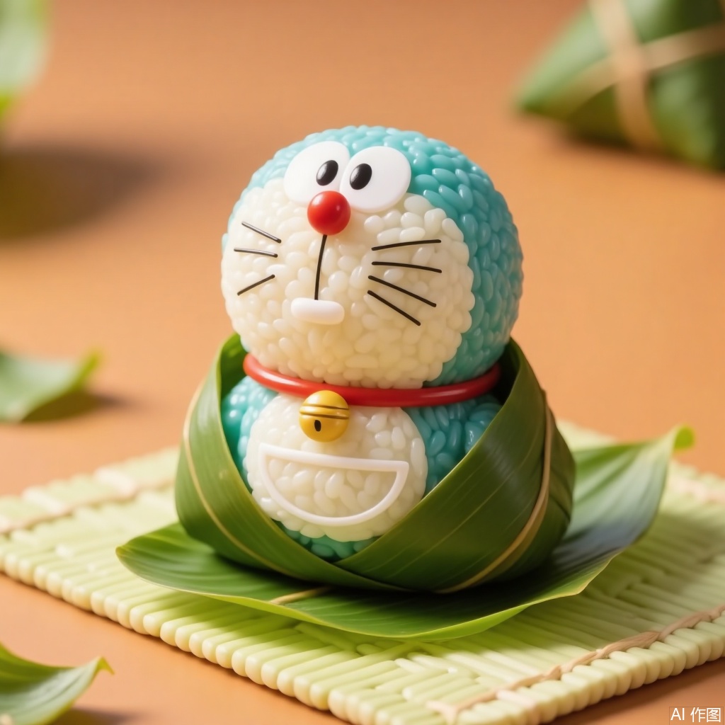 zongzi, Doraemon is wrapped in bamboo leaves and placed on a mat with bamboo leaves, against a warm - toned countertop, giving a cozy feel.