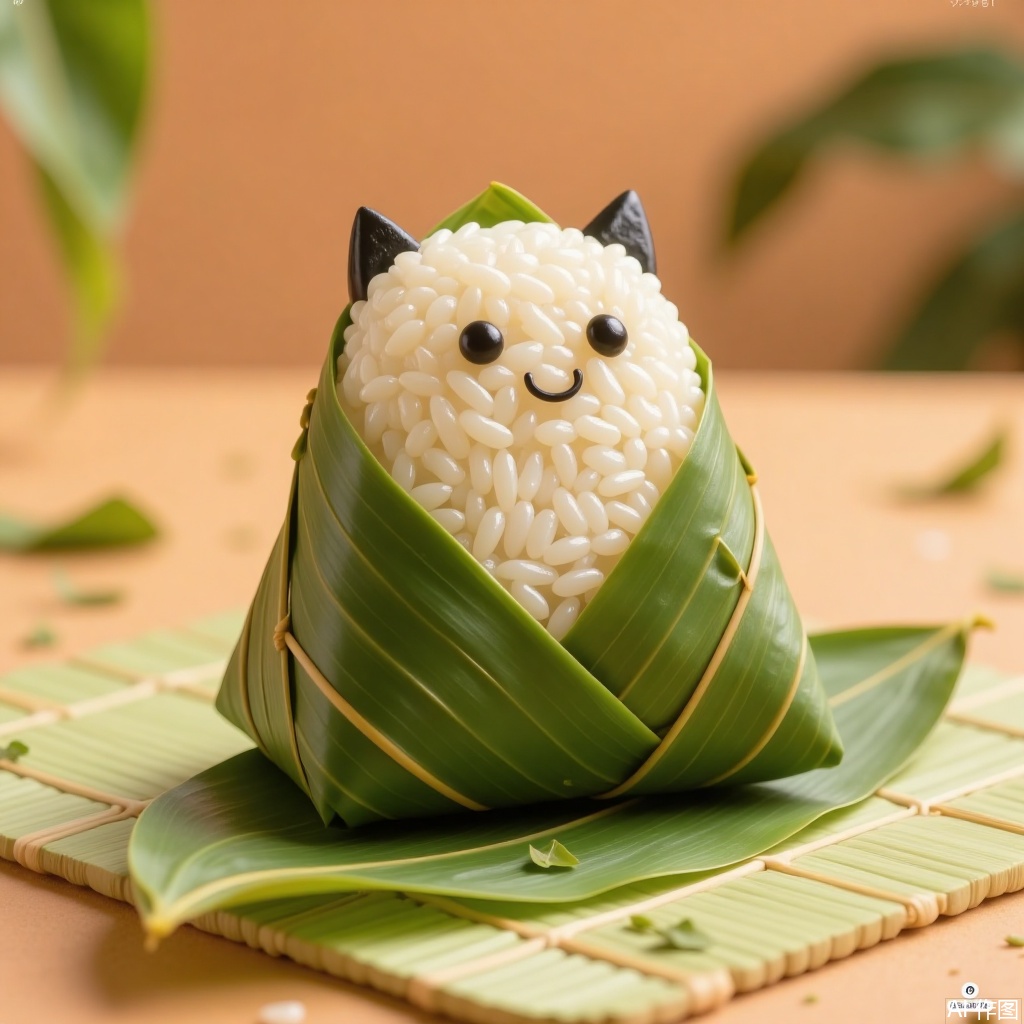 zongzi, batman is wrapped in bamboo leaves and placed on a mat with bamboo leaves, against a warm - toned countertop, giving a cozy feel.