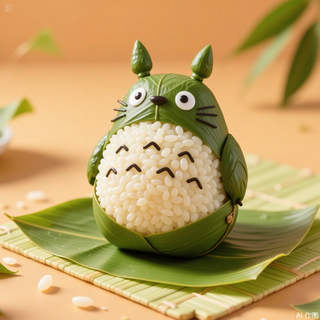 zongzi, Totoro is wrapped in bamboo leaves and placed on a bamboo mat with bamboo leaves, against a warm - toned countertop with some scattered rice grains, creating an adorable atmosphere.