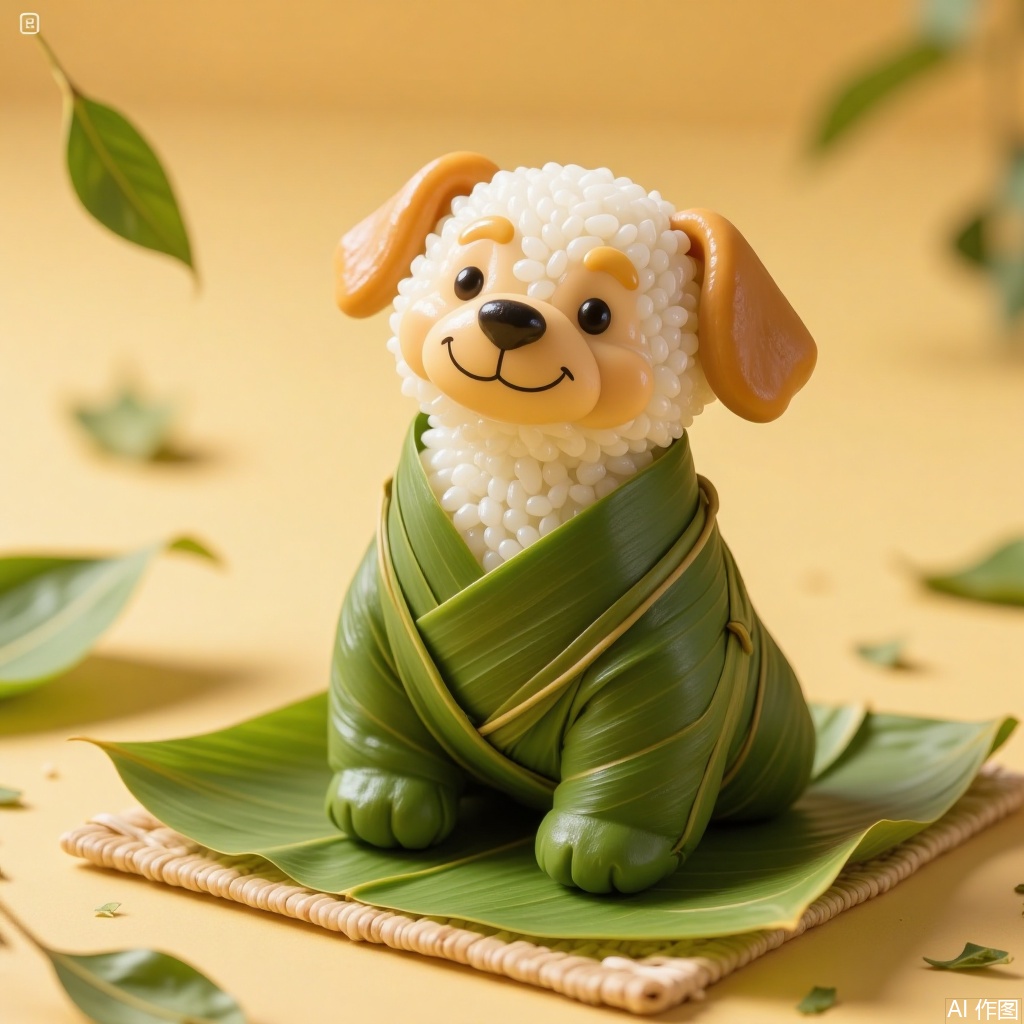 zongzi, dog is wrapped in bamboo leaves and placed on a mat with bamboo leaves