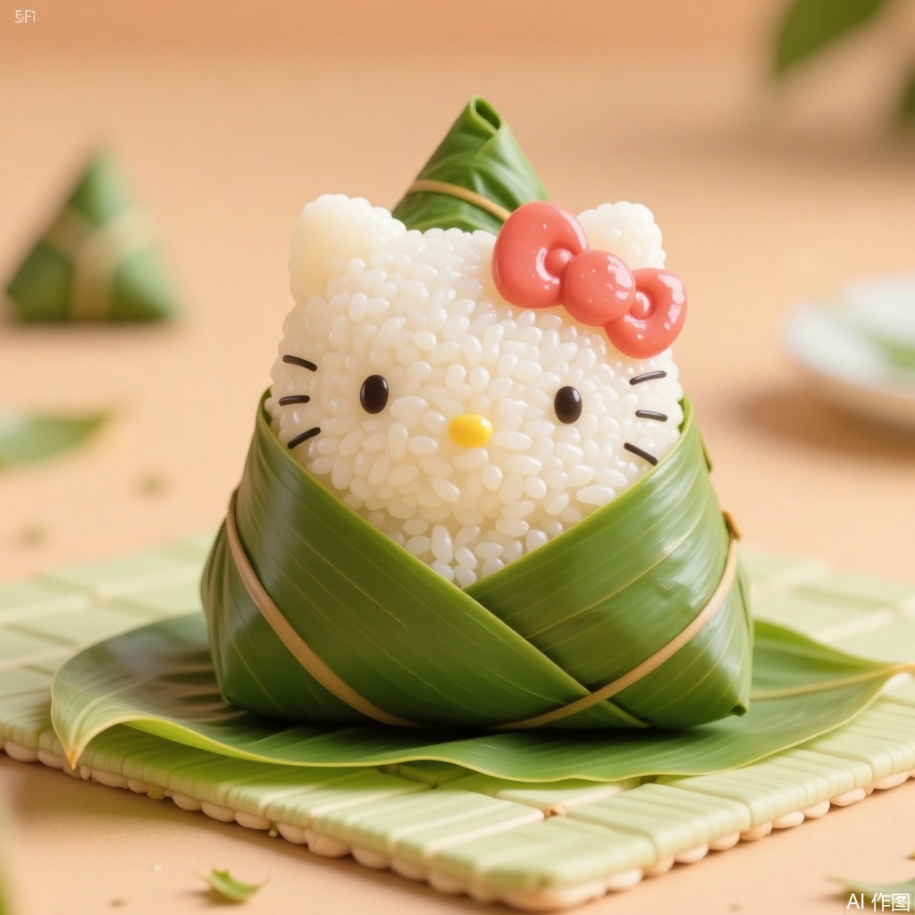Hello Kitty is wrapped in bamboo leaves and placed on a mat with bamboo leaves, against a light brown countertop, simple and cozy.zongzi,