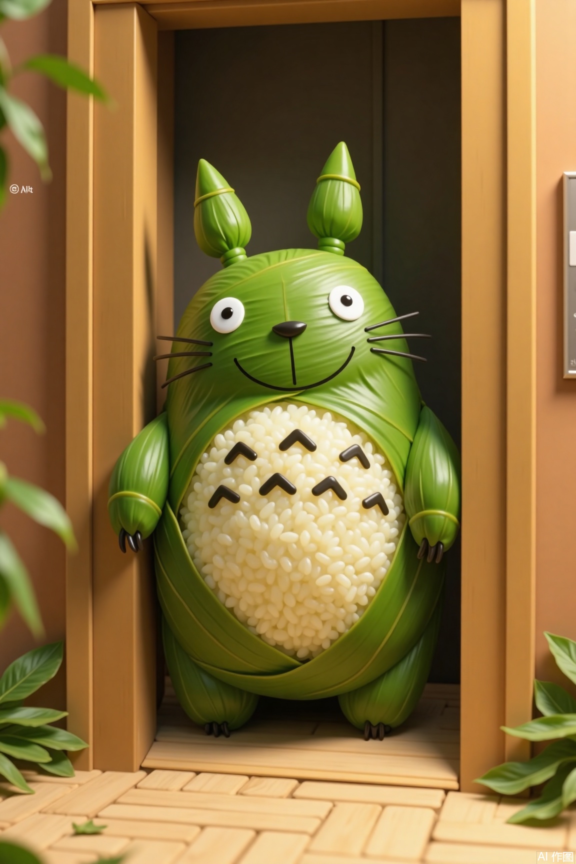 zongzi,A smiling Totoro wrapped entirely in bamboo leaves, shaped like a zongzi, stands at the opening elevator door.