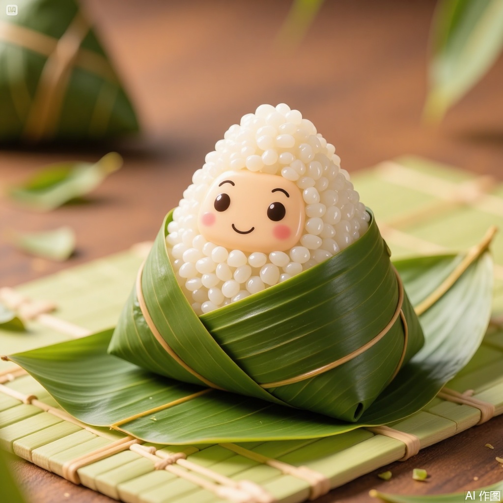 zongzi, Sheep is wrapped in bamboo leaves and placed on a bamboo mat with bamboo leaves, against a warm brown countertop, creating a warm atmosphere.