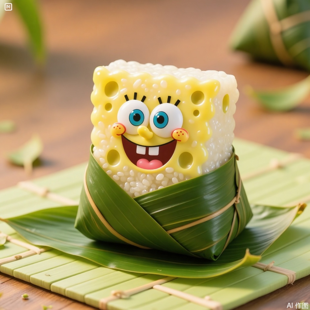 zongzi, SpongeBob is wrapped in bamboo leaves and placed on a bamboo mat with bamboo leaves, against a wooden surface, creating a fresh atmosphere.